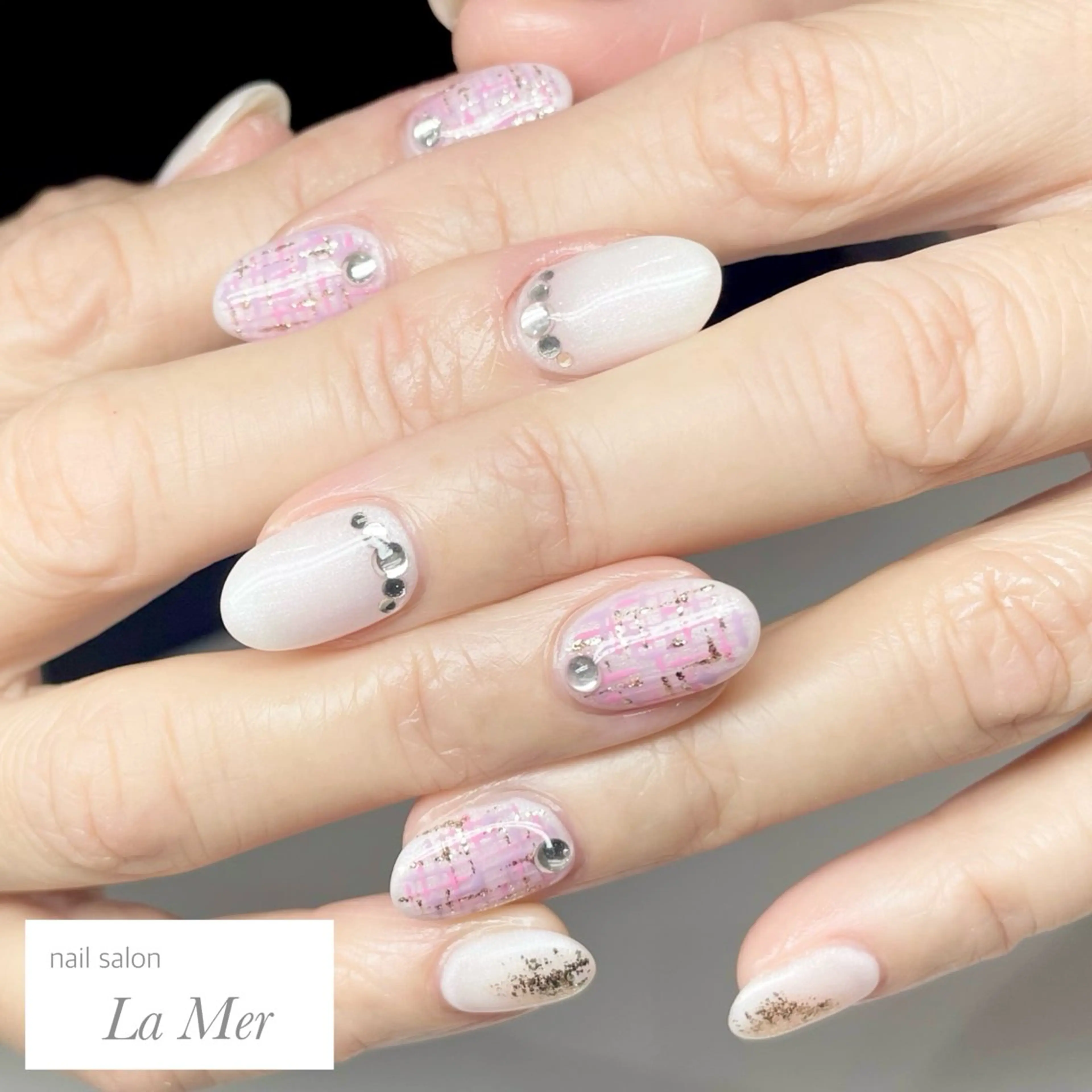 ネイル パープル ツイードネイル ホワイト 冬ネイル nailsalon La Merのネイルデザイン
