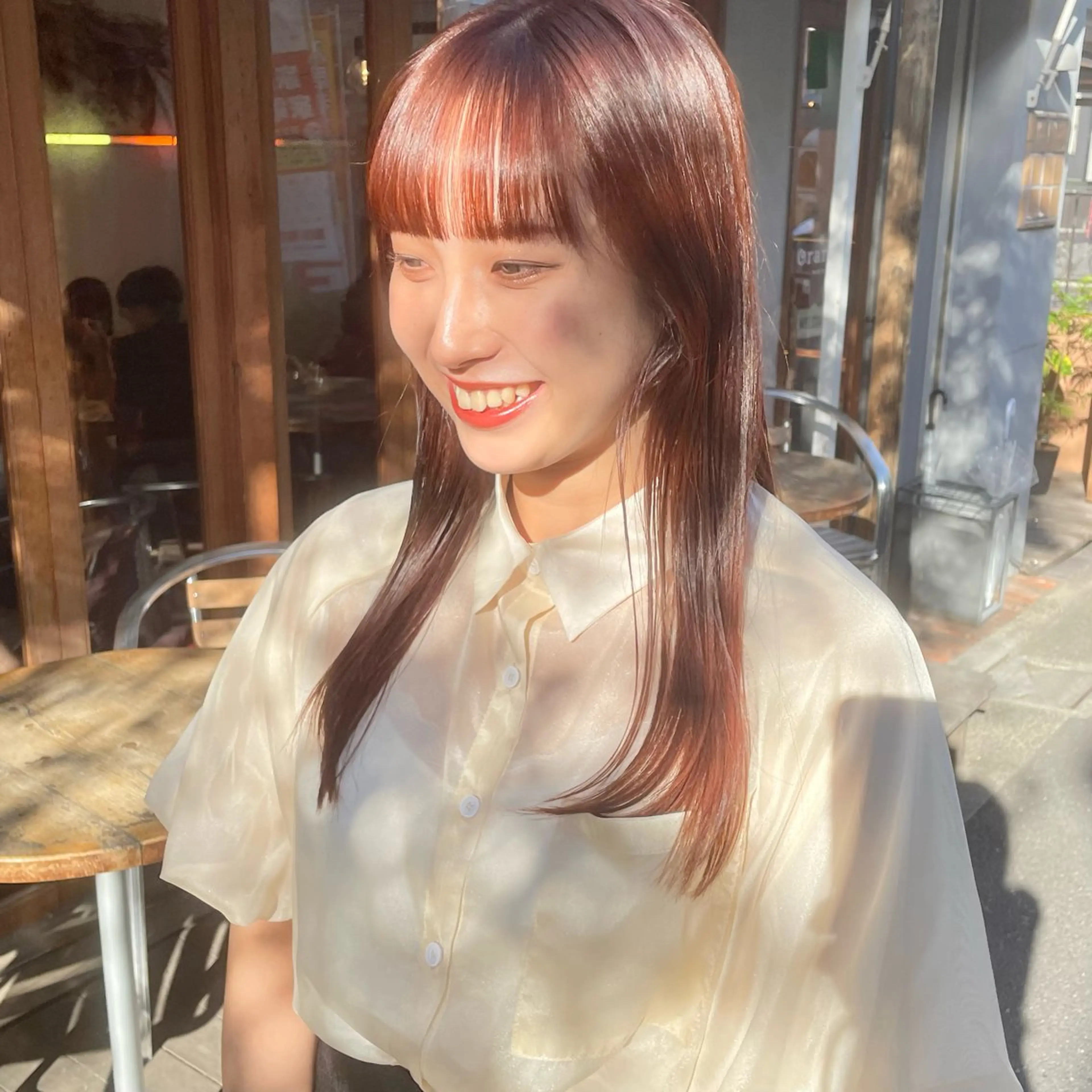 ロング カラー ブリーチ ブリーチなしカラー オレンジ カット ヘアカラー トリートメント 🍊暖色×顔周り 🍊cocoroのヘアスタイル