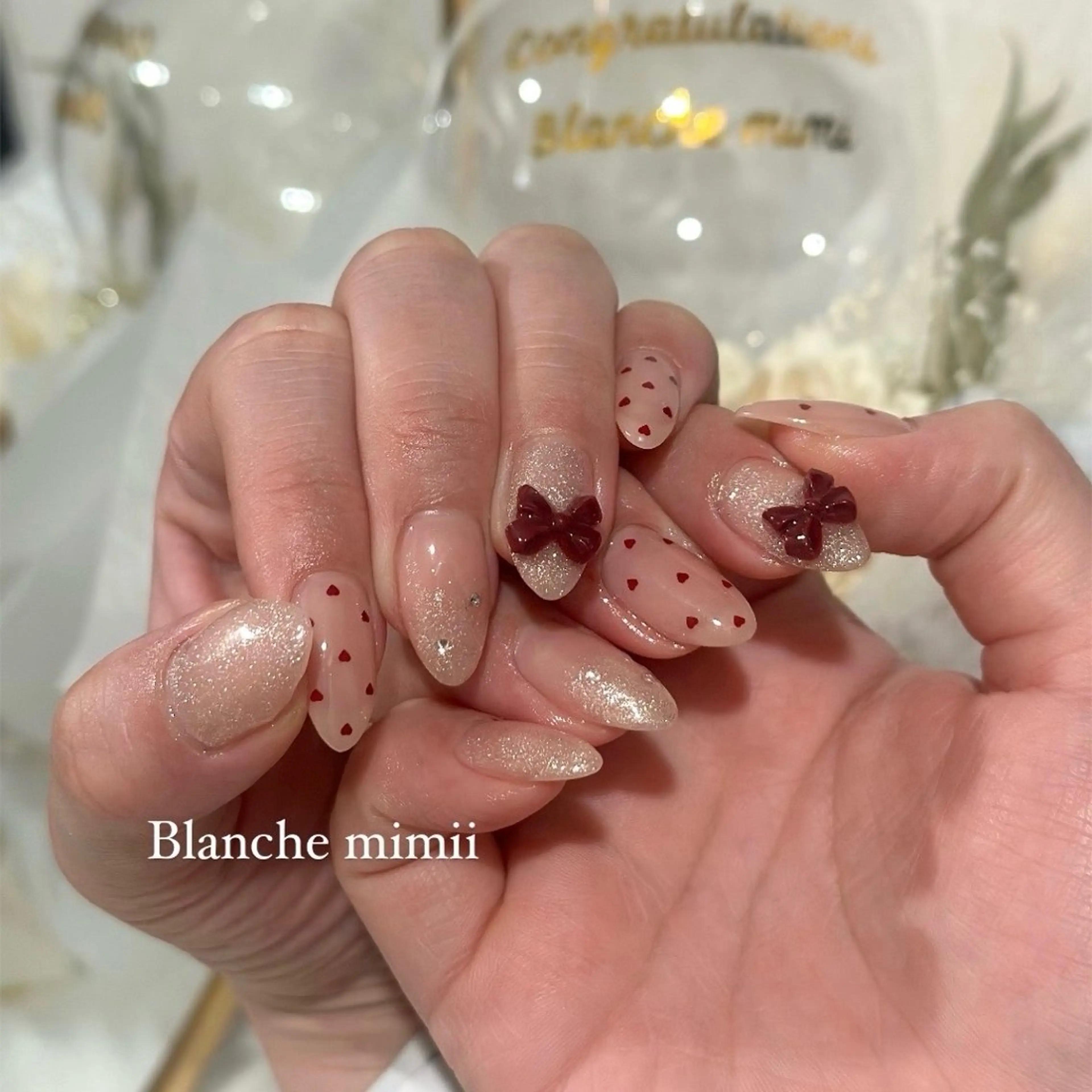 ネイル ボルドー ガーリー ハート キラキラネイル 韓国ネイル ハンドネイル Blanche　mimii所属・Blanche Ayaのネイルデザイン