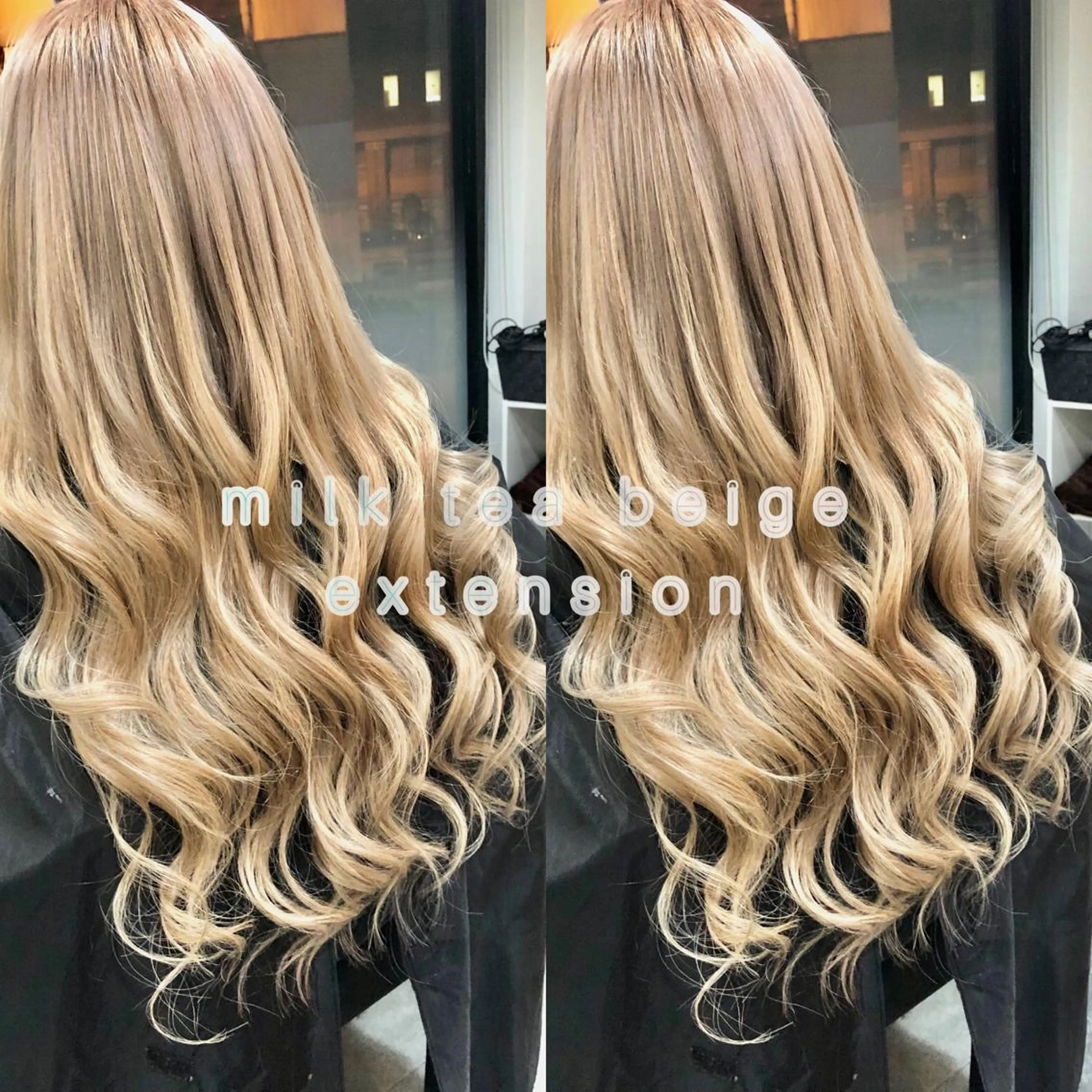 ロング カラー ヘアアレンジ ベージュカラー ブリーチ ハイトーンカラー ミルクティーベージュ ホワイトミルクティーベージュ alpha. カラーエクステ下妻のヘアスタイル