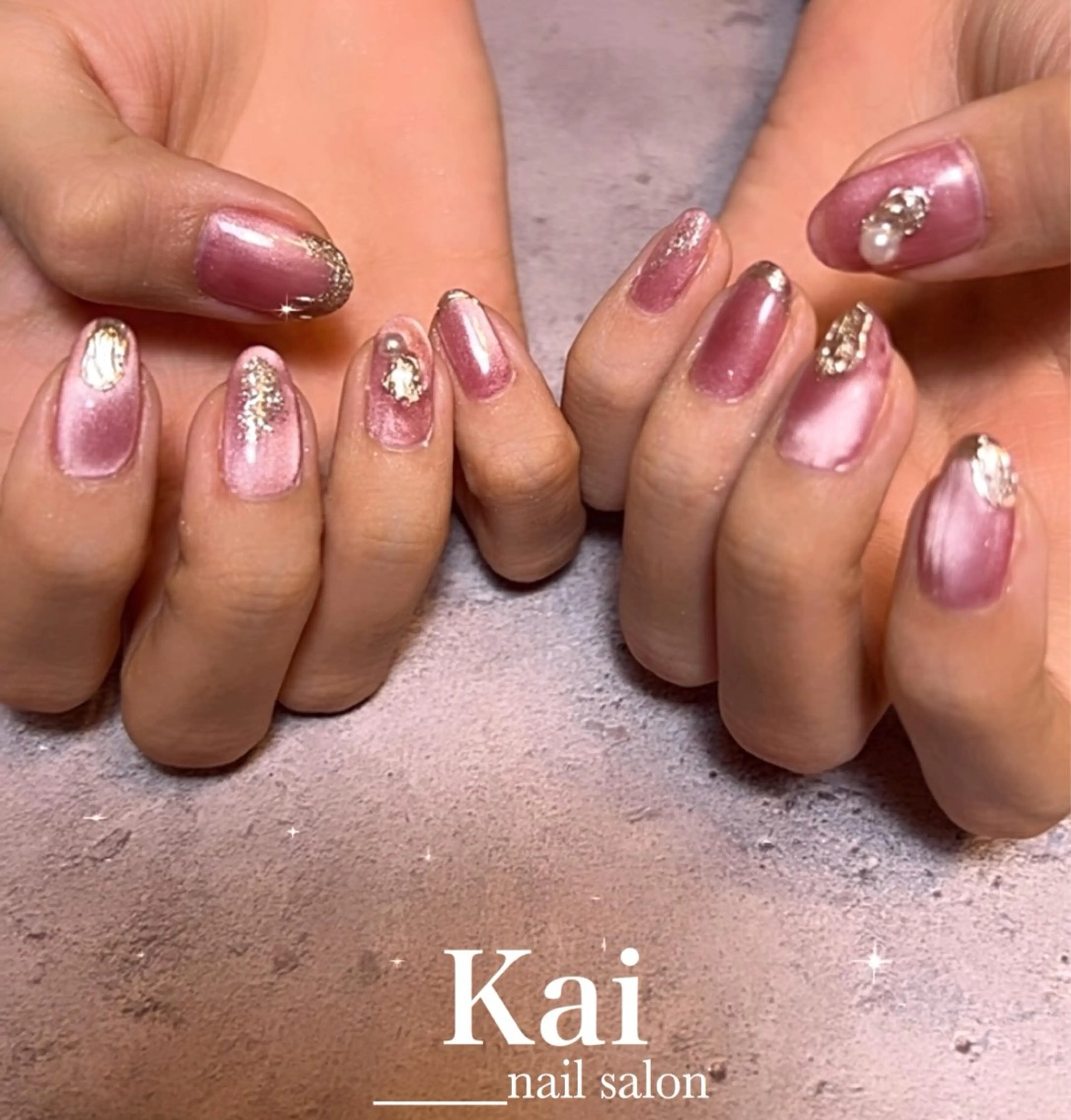 ネイル ゴールド 韓国ネイル ミラーネイル ニュアンスネイル ピンク ハンドネイル Kai  nail Mayukoのネイルデザイン