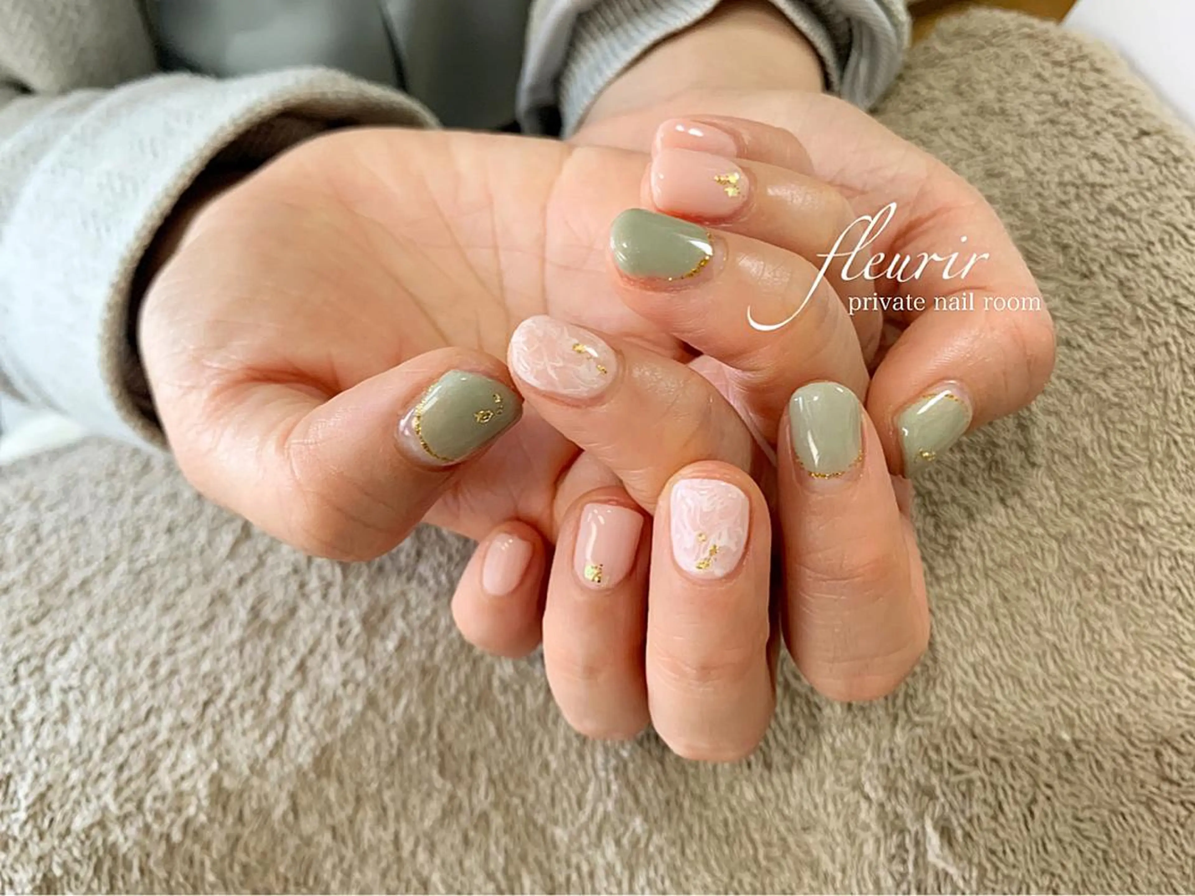 ネイル 桜ネイル フレンチネイル グリーン 大理石ネイル(マーブル) ピンク フルリール 【プライベートサロンのネイルデザイン