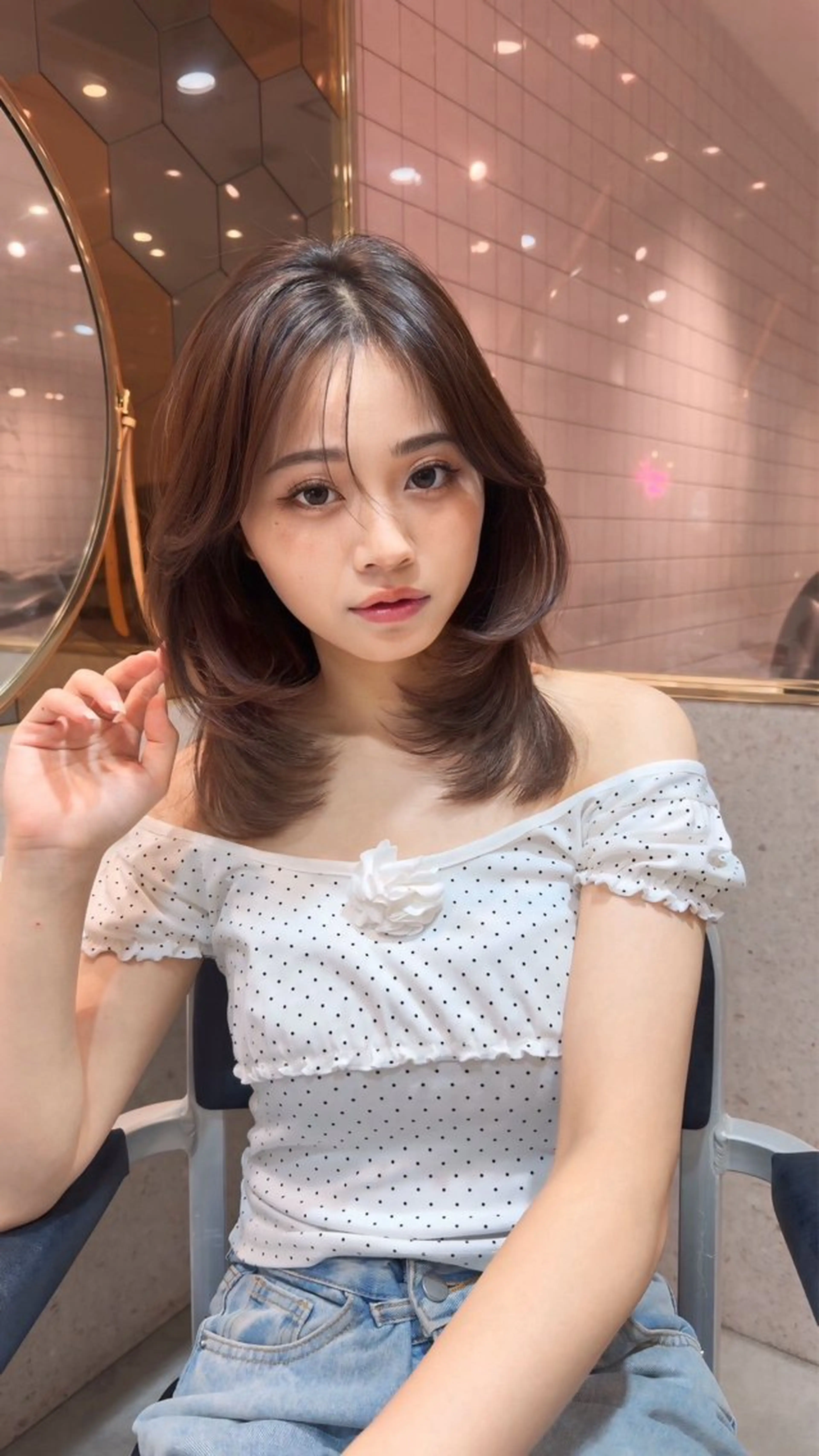ミディアム ミディアムレイヤー 顔まわりレイヤー レイヤーカット シースルーバング カット ヘアカラー トリートメント 新宿/韓国レイヤー/ 顔周りカット松本美晴のヘアスタイル