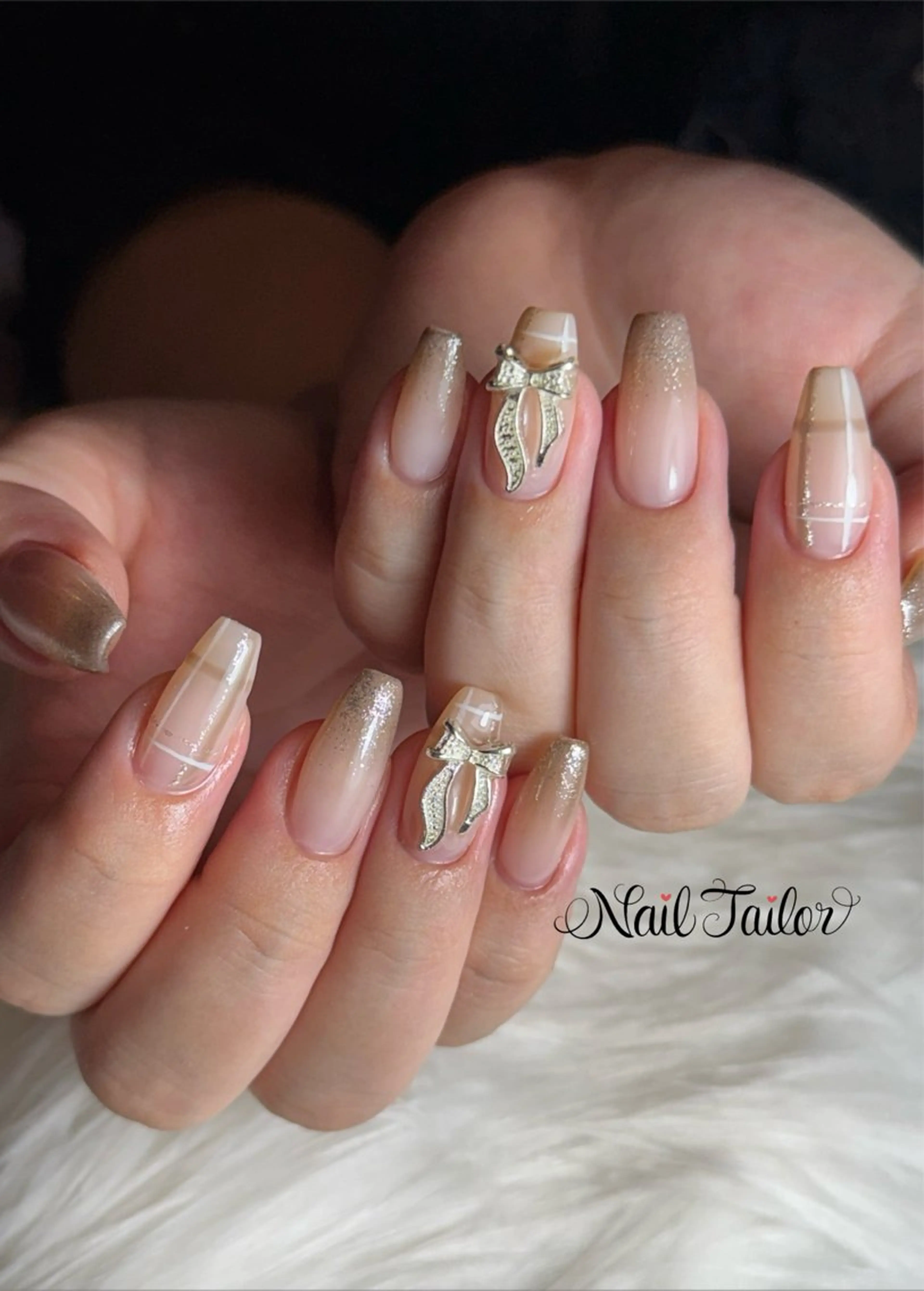 ネイル アートネイル ロングネイル オフィスネイル リボン ハンドネイル 〜Nail Tailor〜　ネイルテイラー所属・NailTailor ネイルテイラーのネイルデザイン