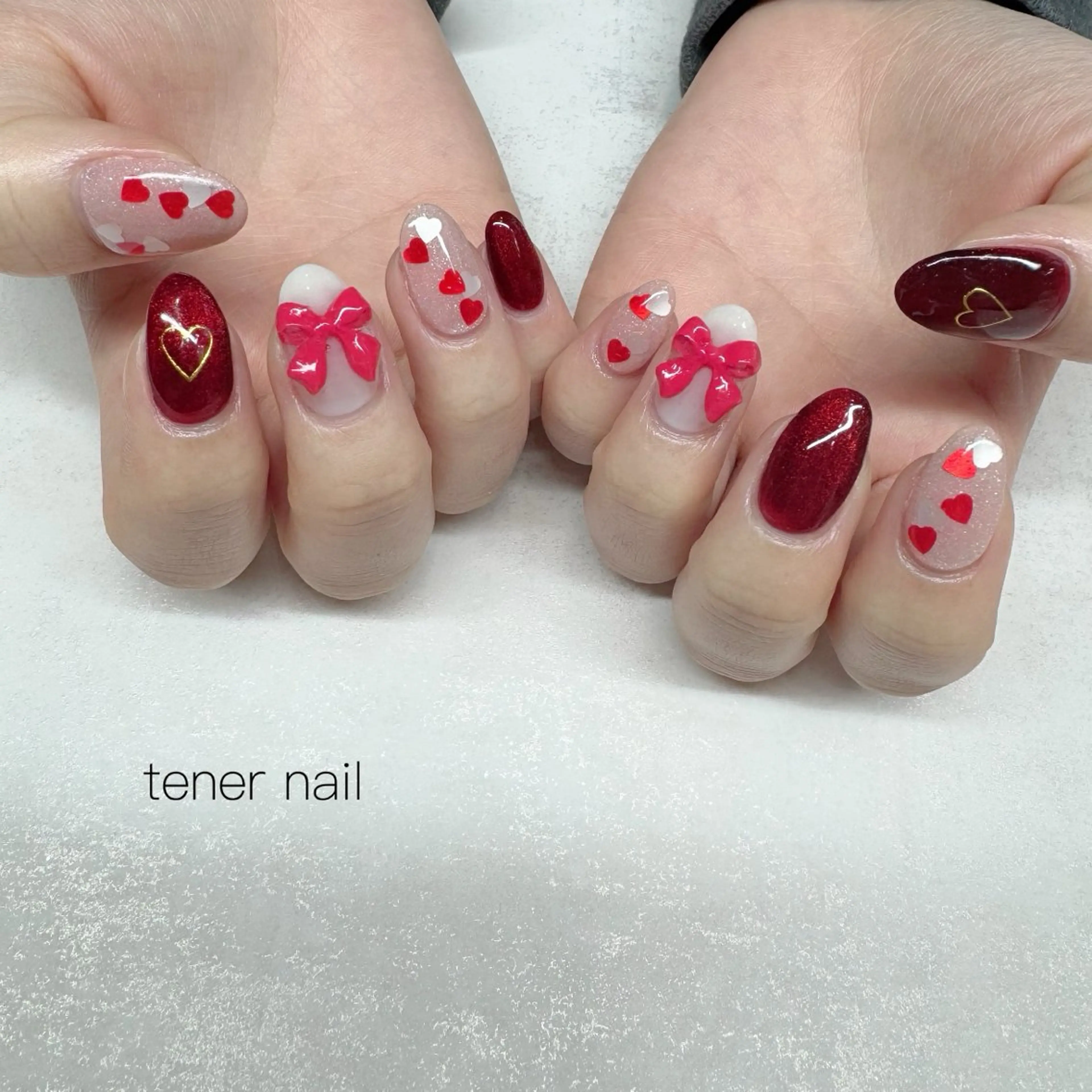 ネイル ハート リボン ハンドネイル tener  nail  テネルネイル所属・テネルネイル tener nailのネイルデザイン
