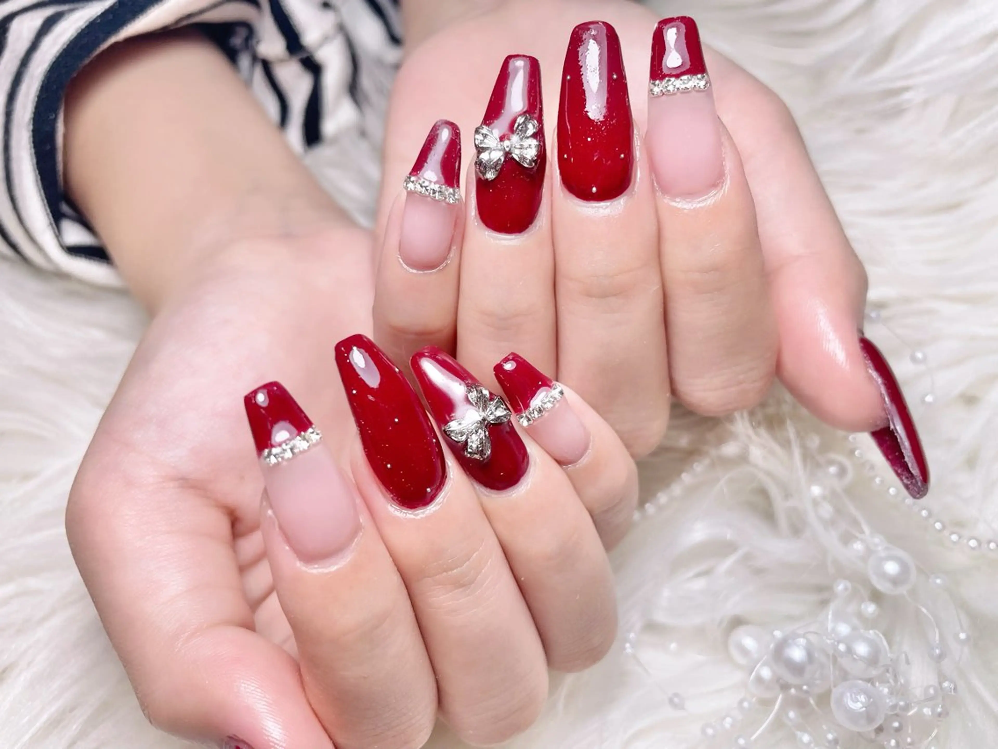 ネイル ボルドー 韓国ネイル リボン ワンホンネイル ハンドネイル ゆりか ジョアアンジェ福島のネイルデザイン