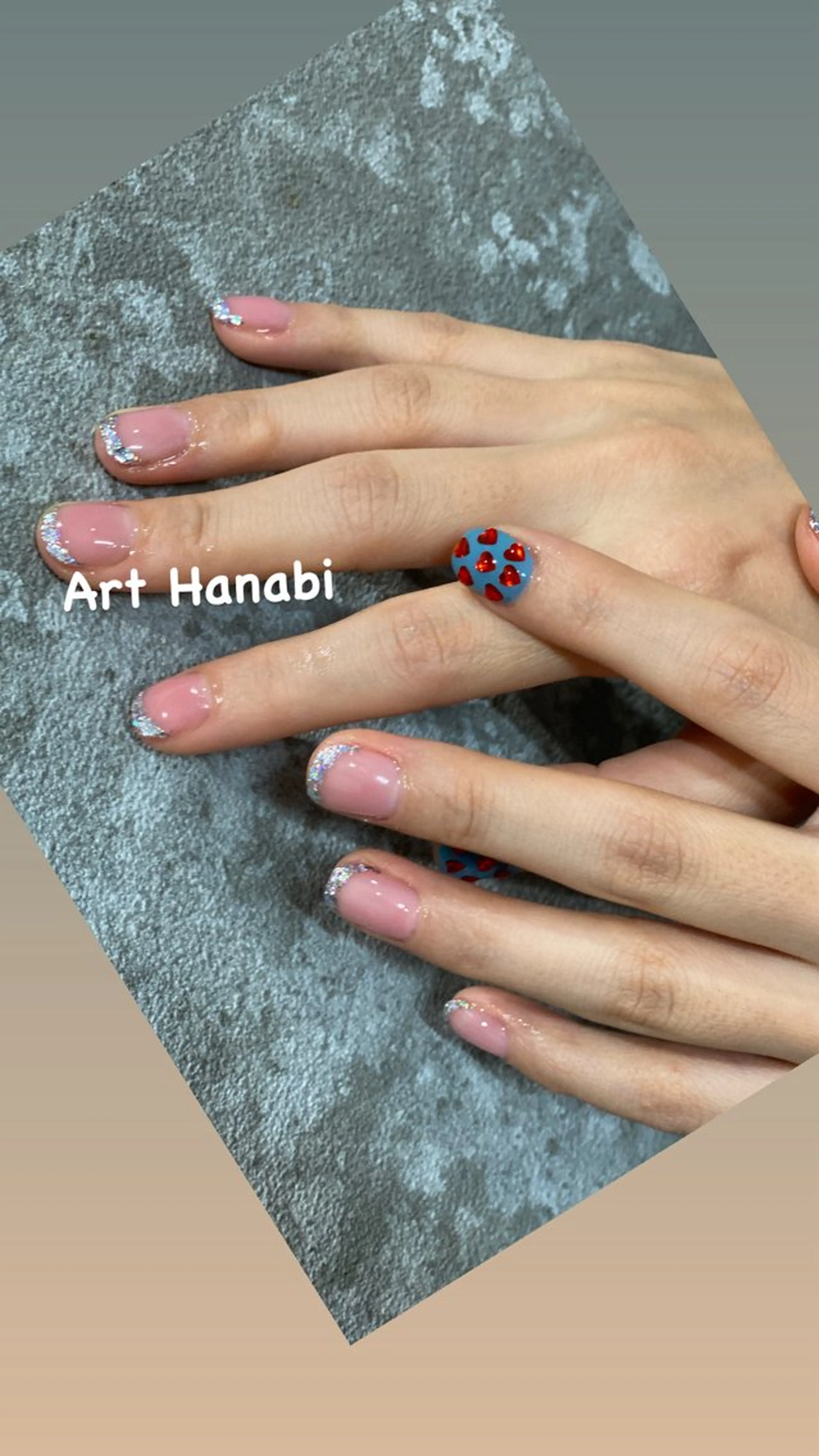 ネイル ドット フレンチネイル ハート ラメ(グリッター) ぷっくりネイル ハンドネイル ハンドケア Art Hanabi所属・Art Hanabi ミリのネイルデザイン