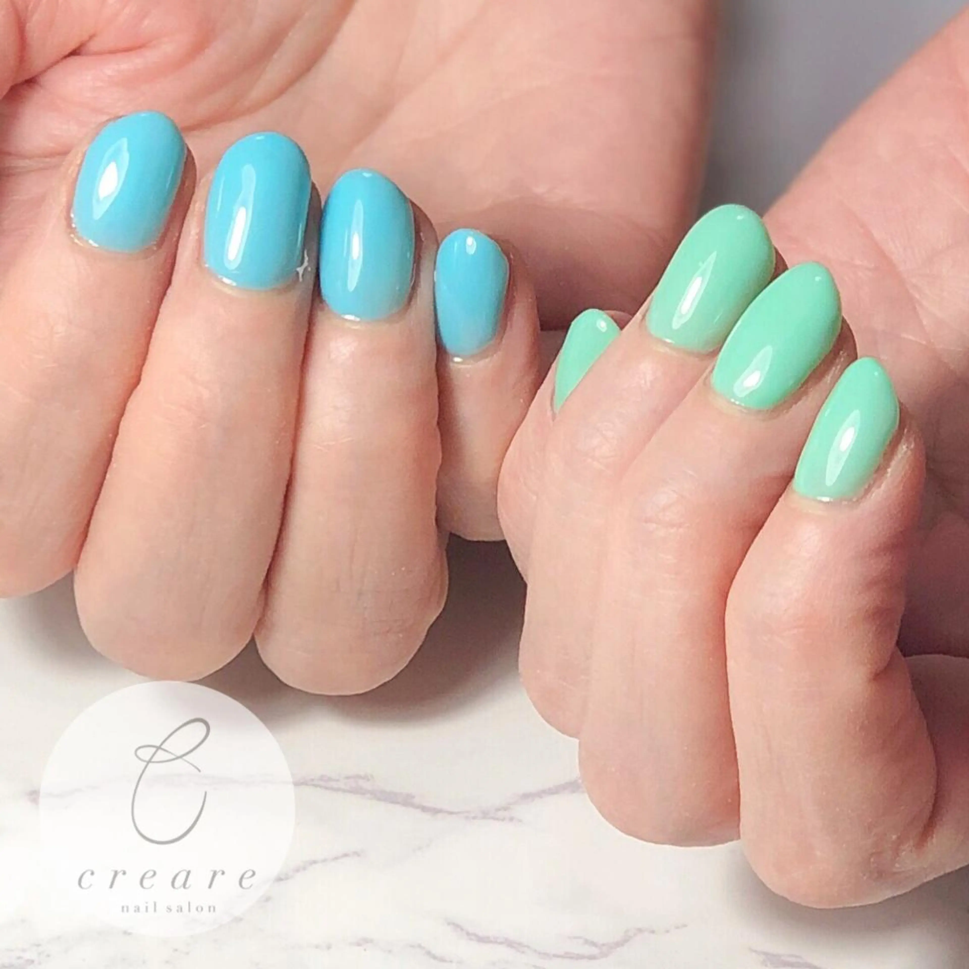 ネイル ブルー ジェルネイル グリーン オフィスネイル ワンカラーネイル 辻野 和枝のネイルデザイン