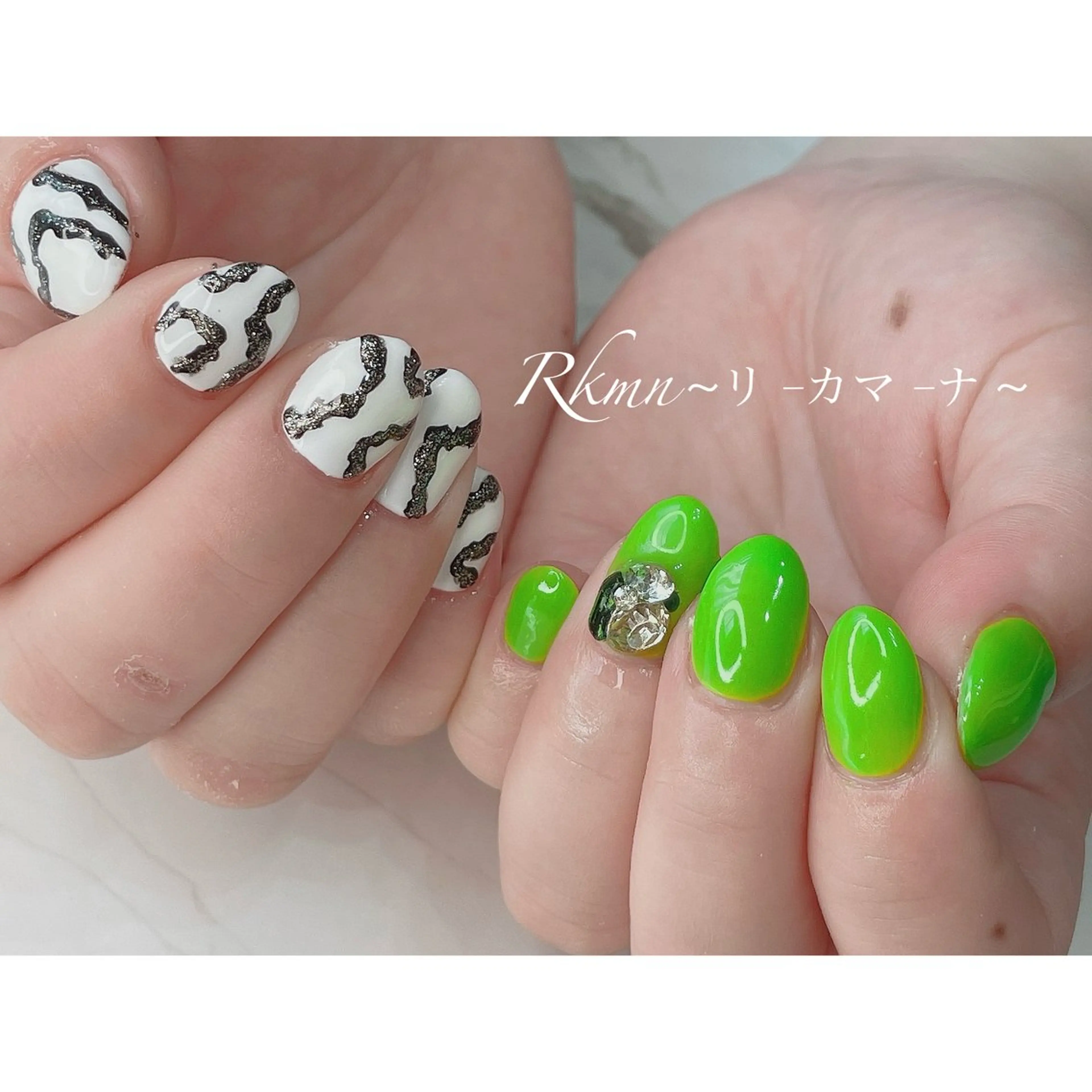 ネイル アートネイル グリーン ニュアンスネイル 春ネイル ハンドネイル フットネイル ハンドケア Rkmn ~リ-カマ-ナ~のネイルデザイン