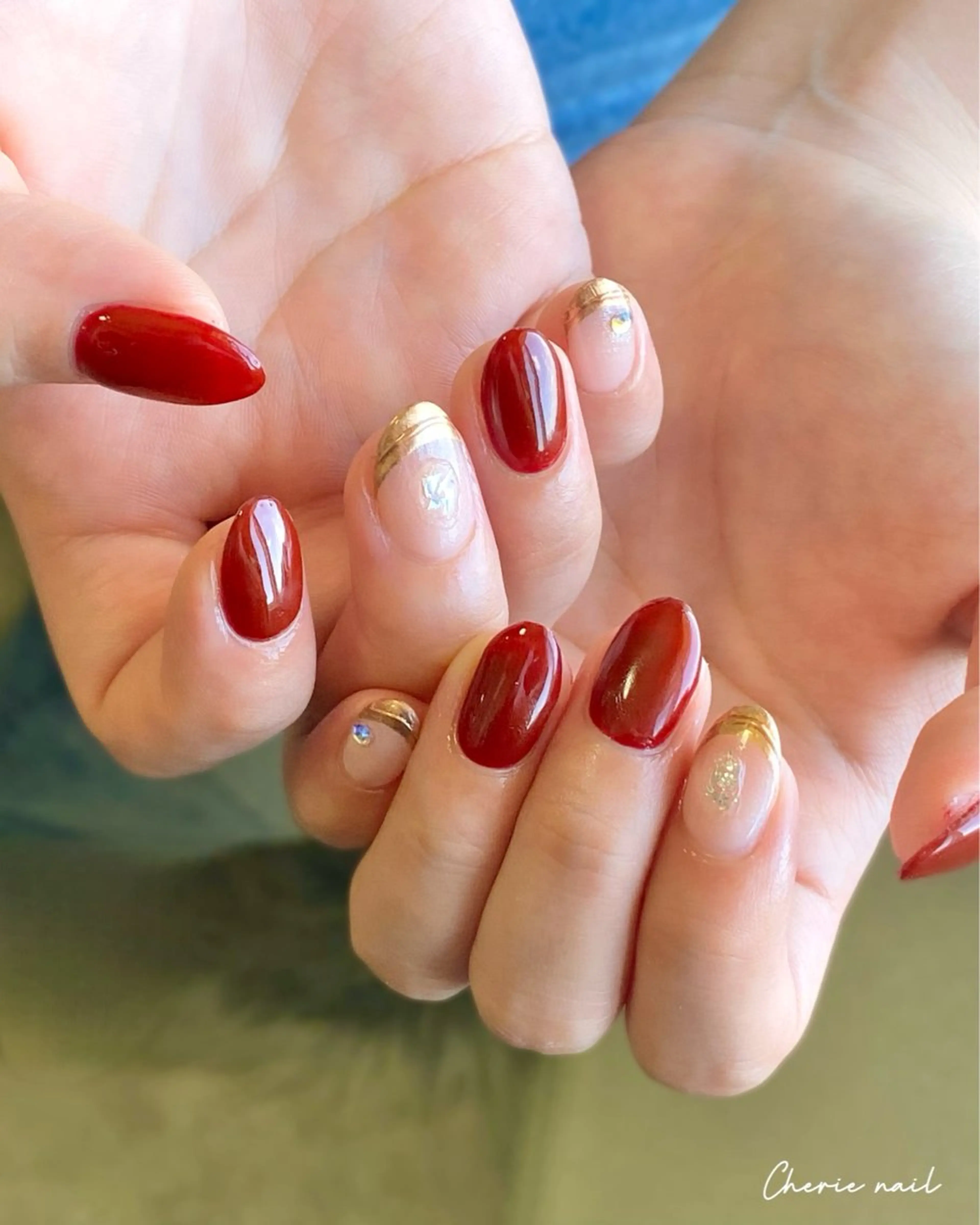 ネイル ボルドー ジェルネイル ミラーネイル ニュアンスネイル ハンドネイル Cherienail yunaのネイルデザイン