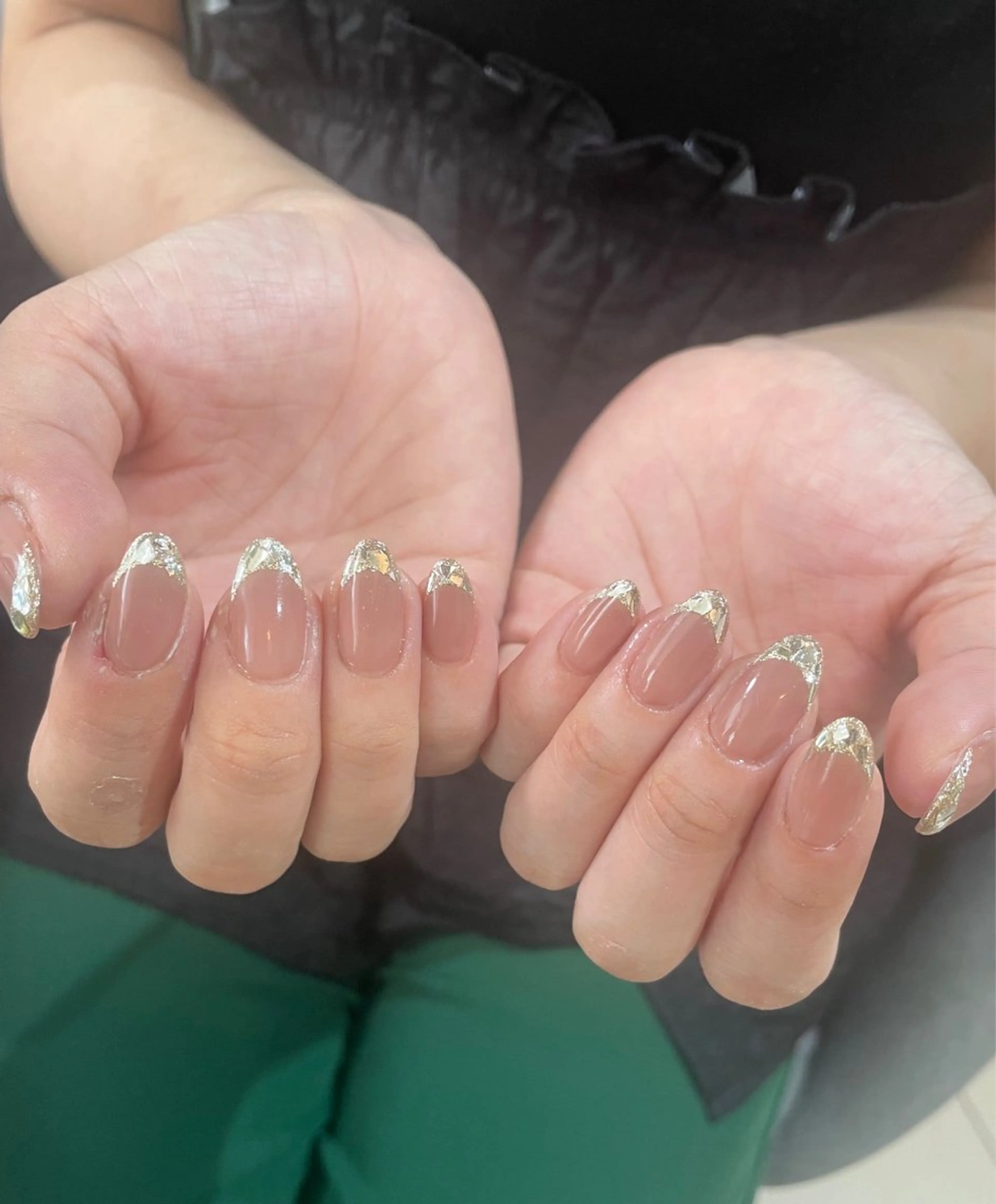 ネイル ブラウン フレンチネイル ガラスフレンチ キラキラネイル ラメ(グリッター) ハンドネイル ma riのネイルデザイン