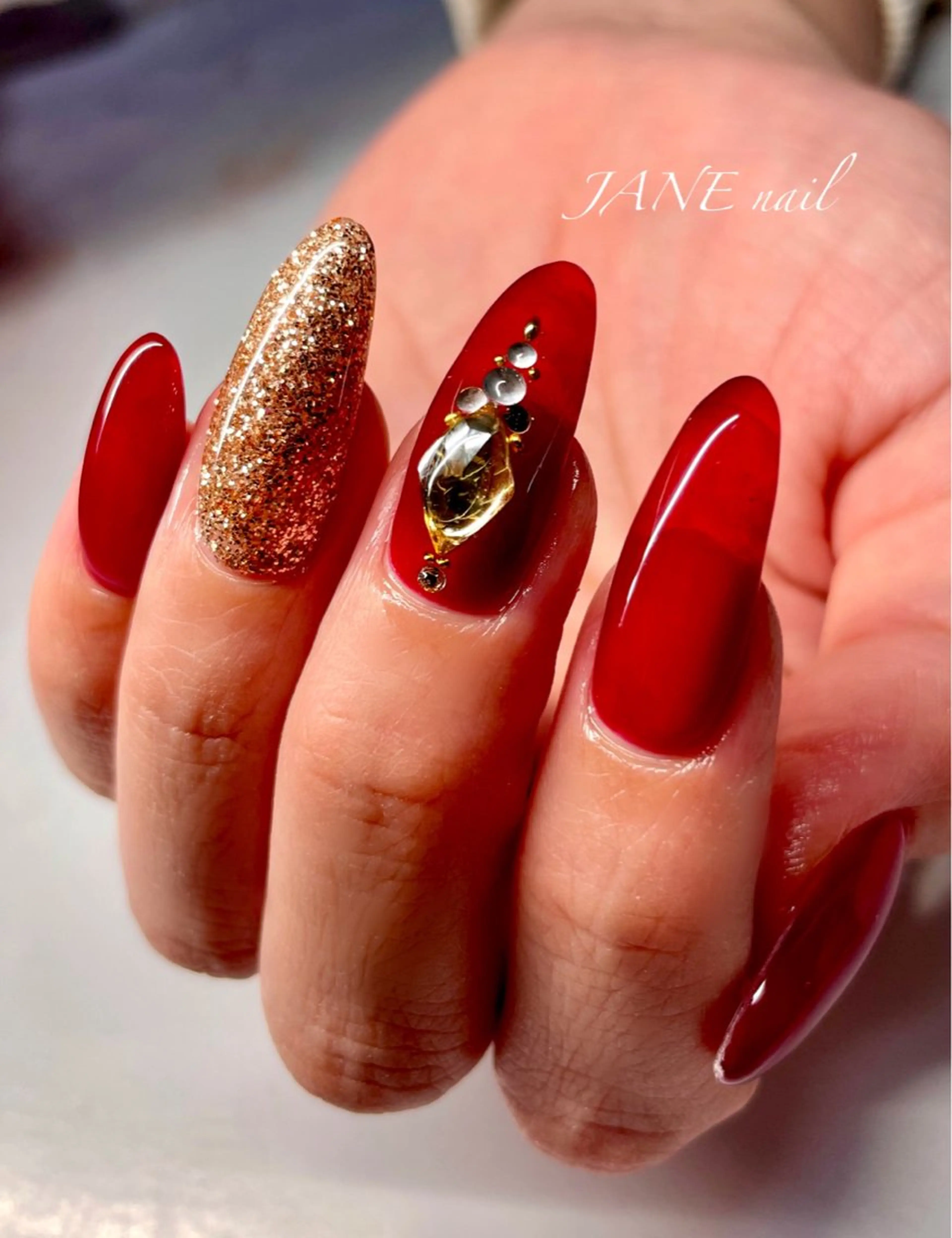 ネイル ボルドー ロングネイル 赤色 スカルプネイル シンプルネイル ハンドネイル Nail Salon JANEのネイルデザイン