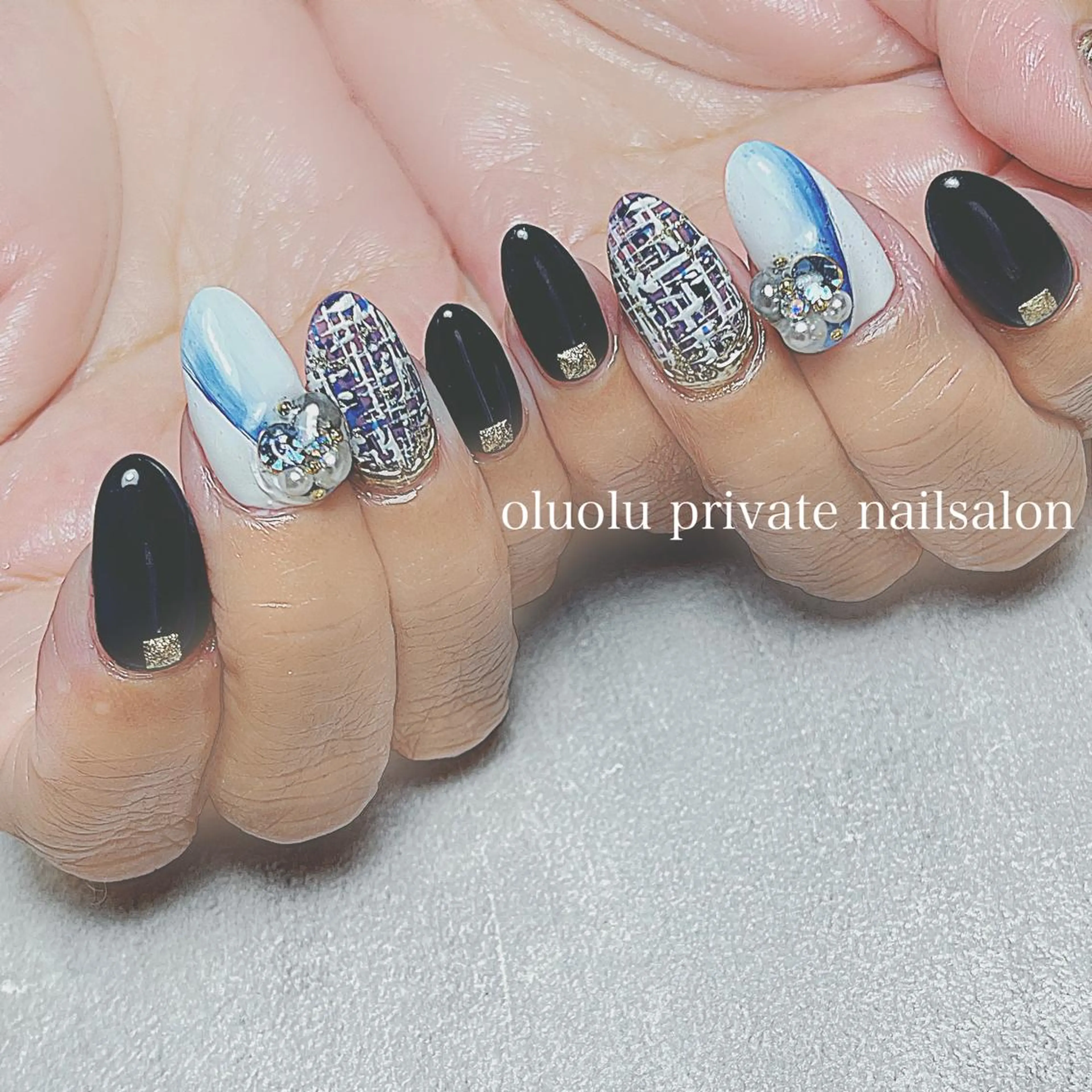 ネイル アートネイル 持ち込み ネイビー ニュアンスネイル ツイードネイル ハンドネイル 大村 紬華のネイルデザイン