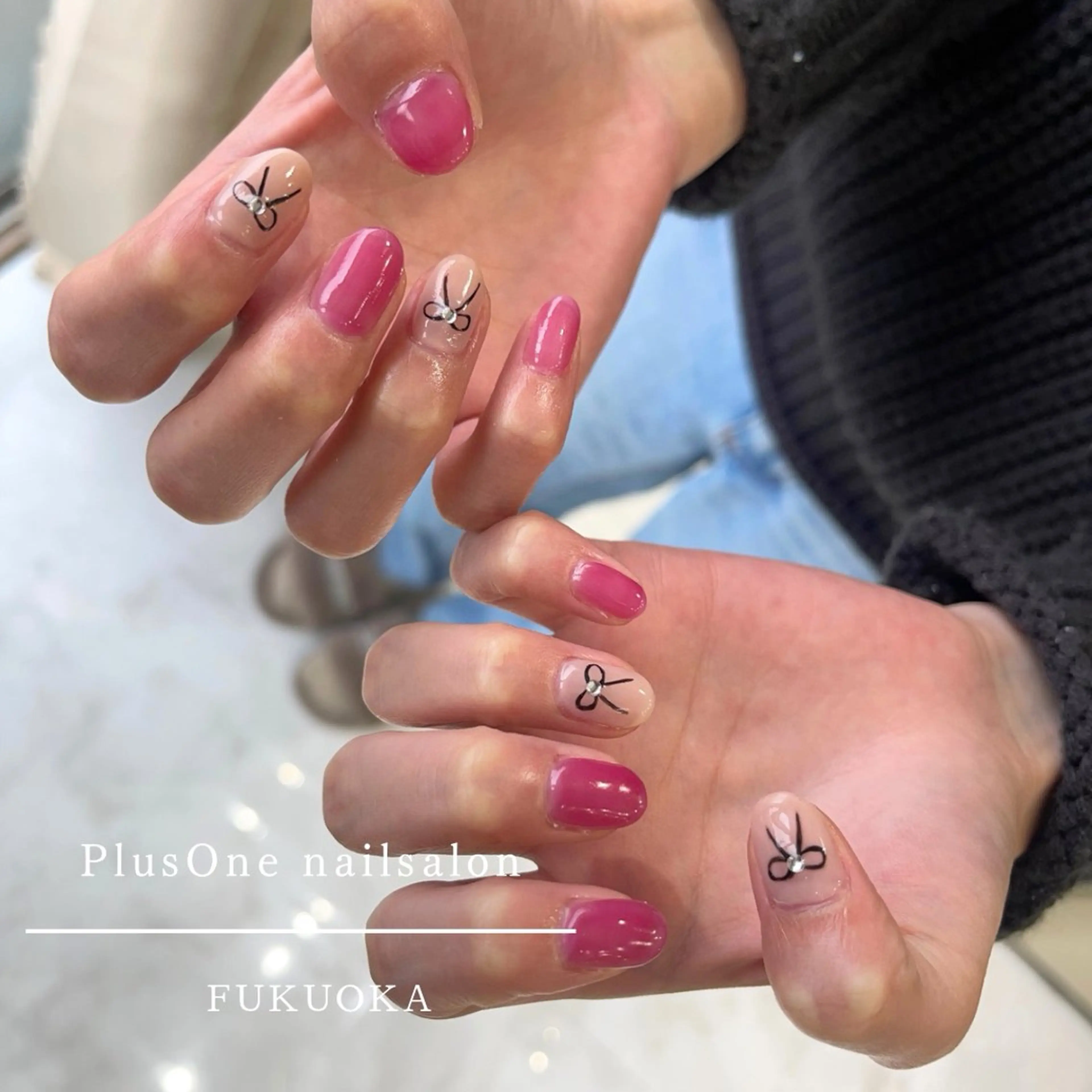 ネイル アートネイル ジェルネイル ピンク リボン ハンドネイル PlusOnenailsalon所属・粕屋ネイル＆耳つぼ 🫧Natsumiのネイルデザイン