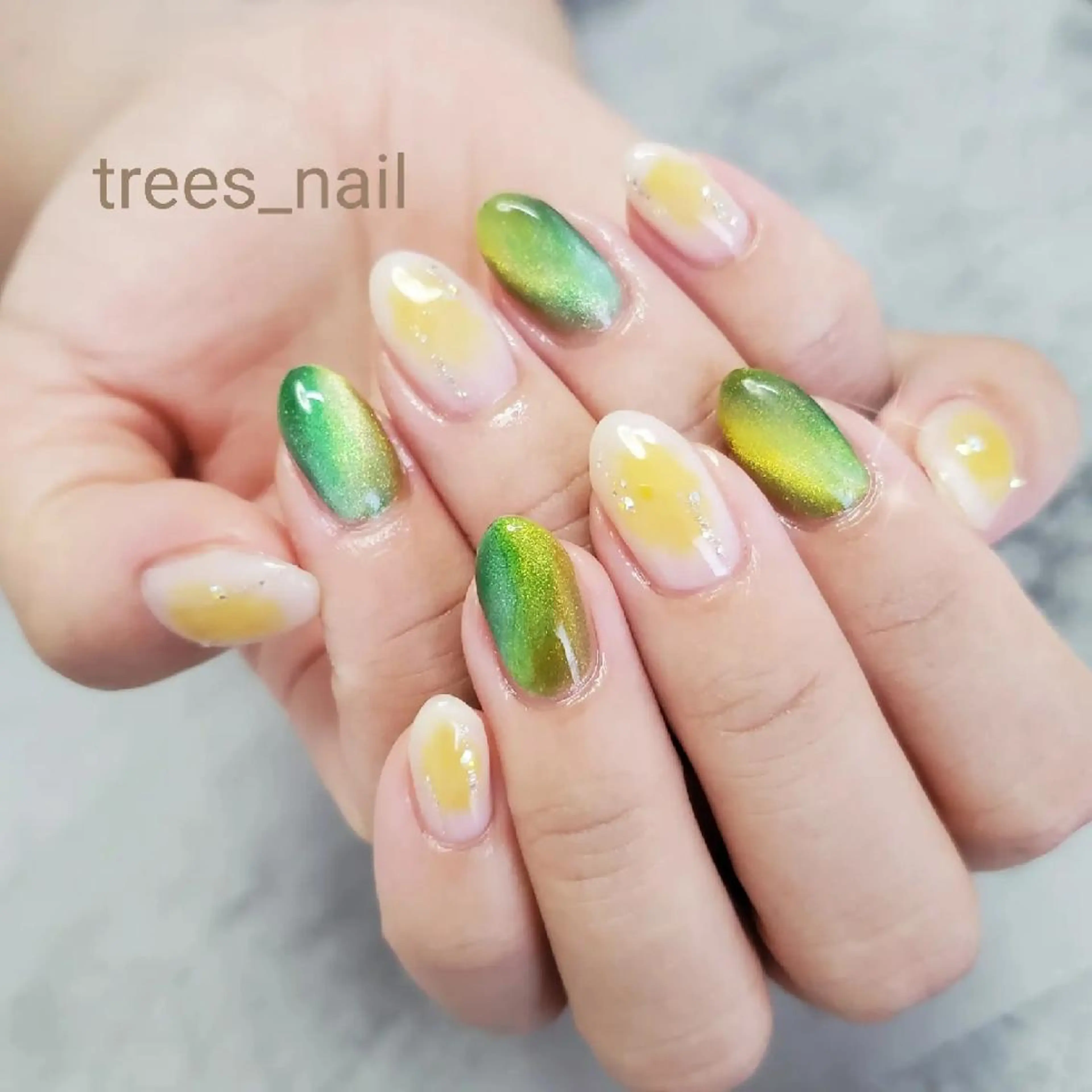 ネイル チークネイル クリアネイル マグネットネイル 黄色 trees_ nailのネイルデザイン