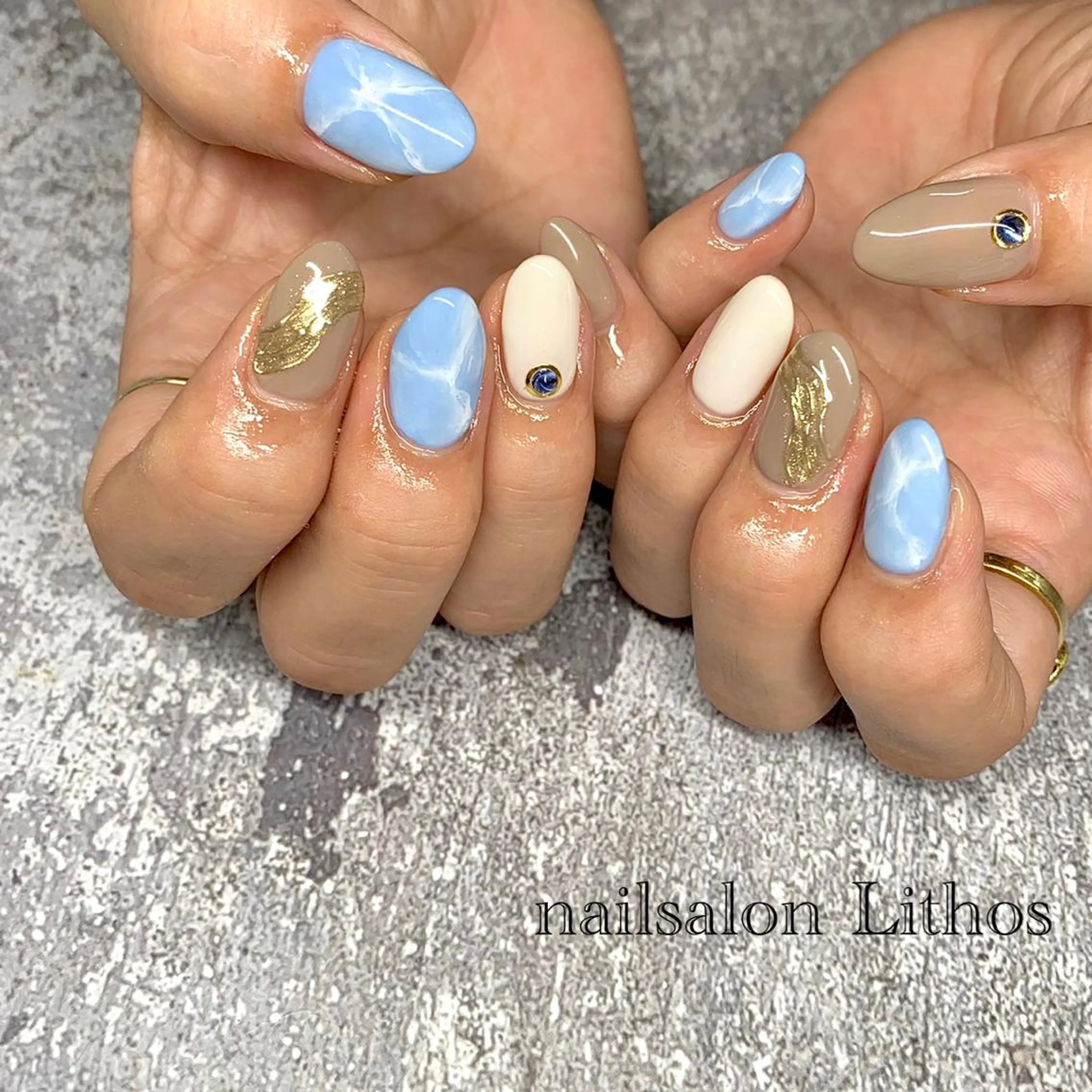 ネイル ブルー ジェルネイル キラキラネイル 韓国ネイル 大理石ネイル(マーブル) ハンドネイル nailsalon Lithos所属・nailsalon Recontreのネイルデザイン