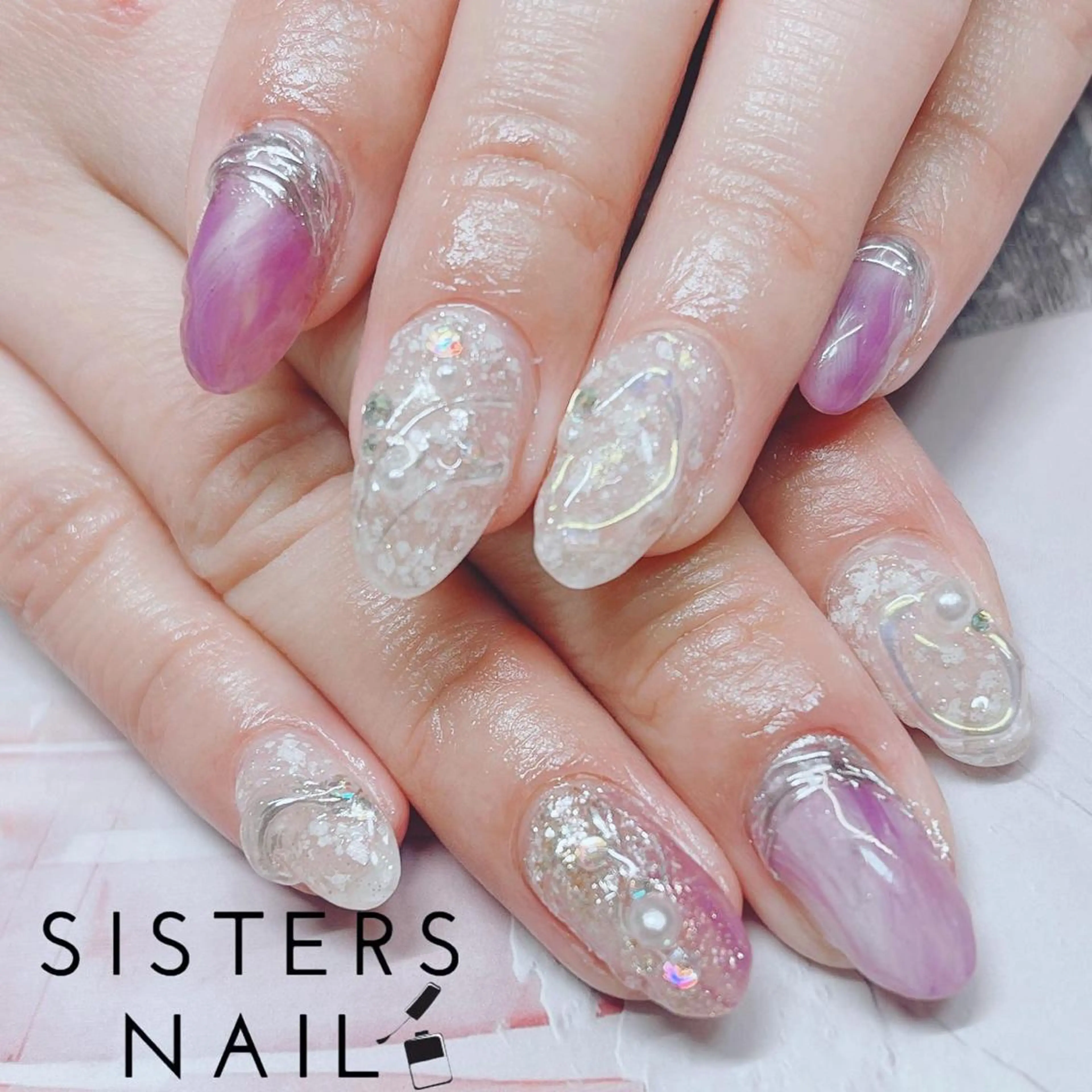 ネイル アートネイル 大理石ネイル(マーブル) ミラーネイル ニュアンスネイル パープル sisters nail.fのネイルデザイン