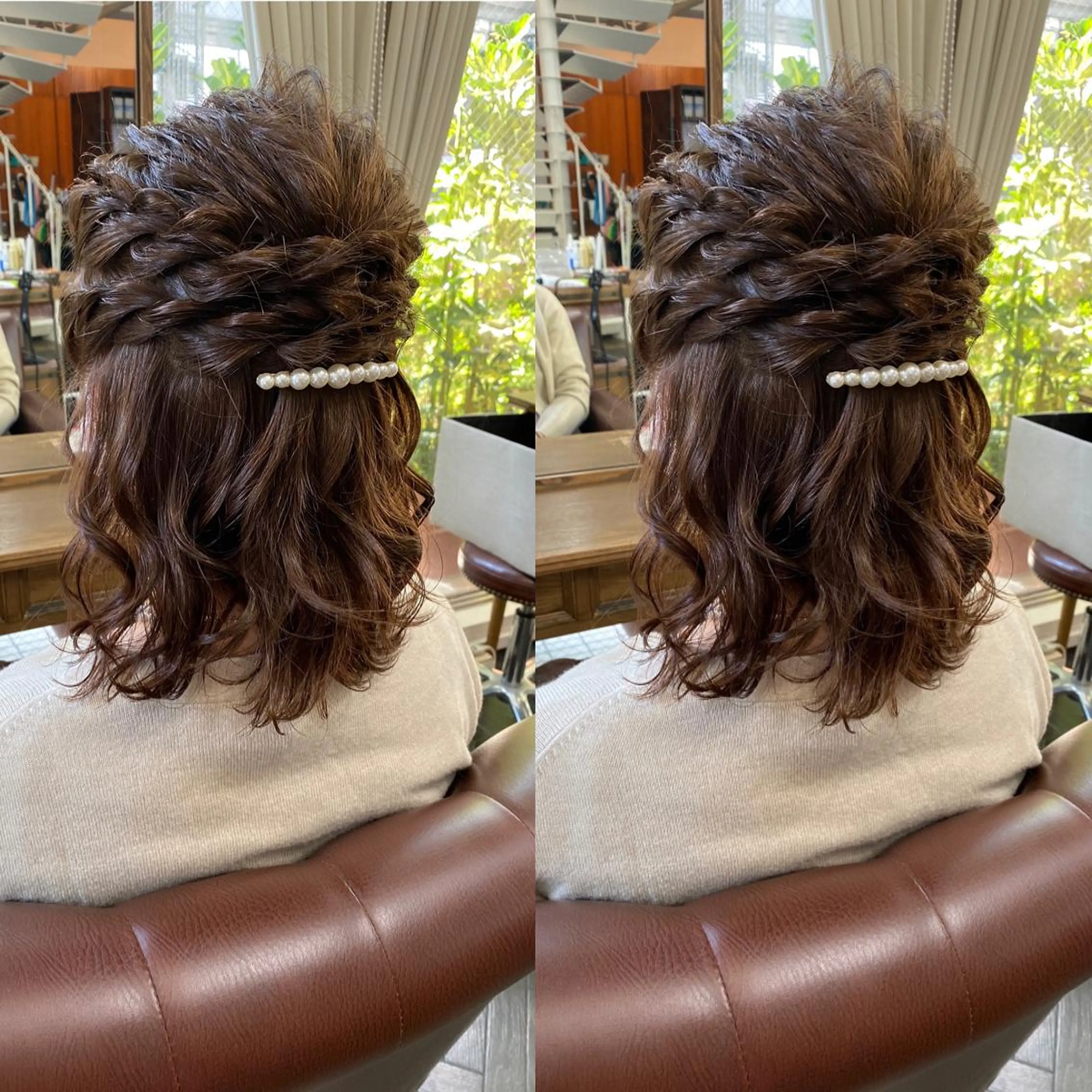 ミディアム ヘアアレンジ ハーフアップ モモカ/ハイトーン /バレイヤージュのヘアスタイル