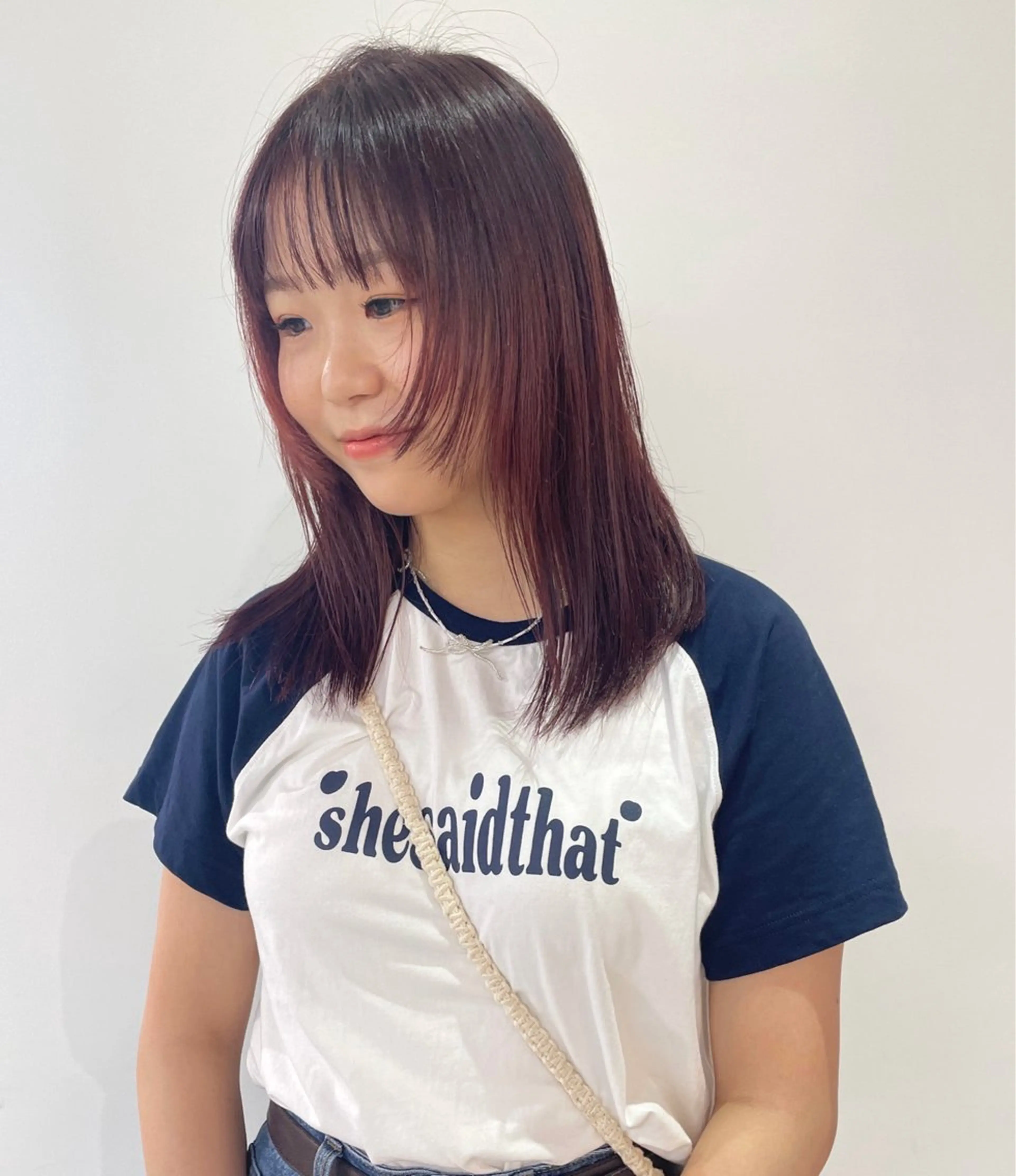 ミディアム カラー ブラウンカラー オレンジ オレンジブラウン ピンクカラー ピンクブラウン ヘアカラー トリートメント MIU/ルーツカラー ボブ/顔周りレイヤーのヘアスタイル