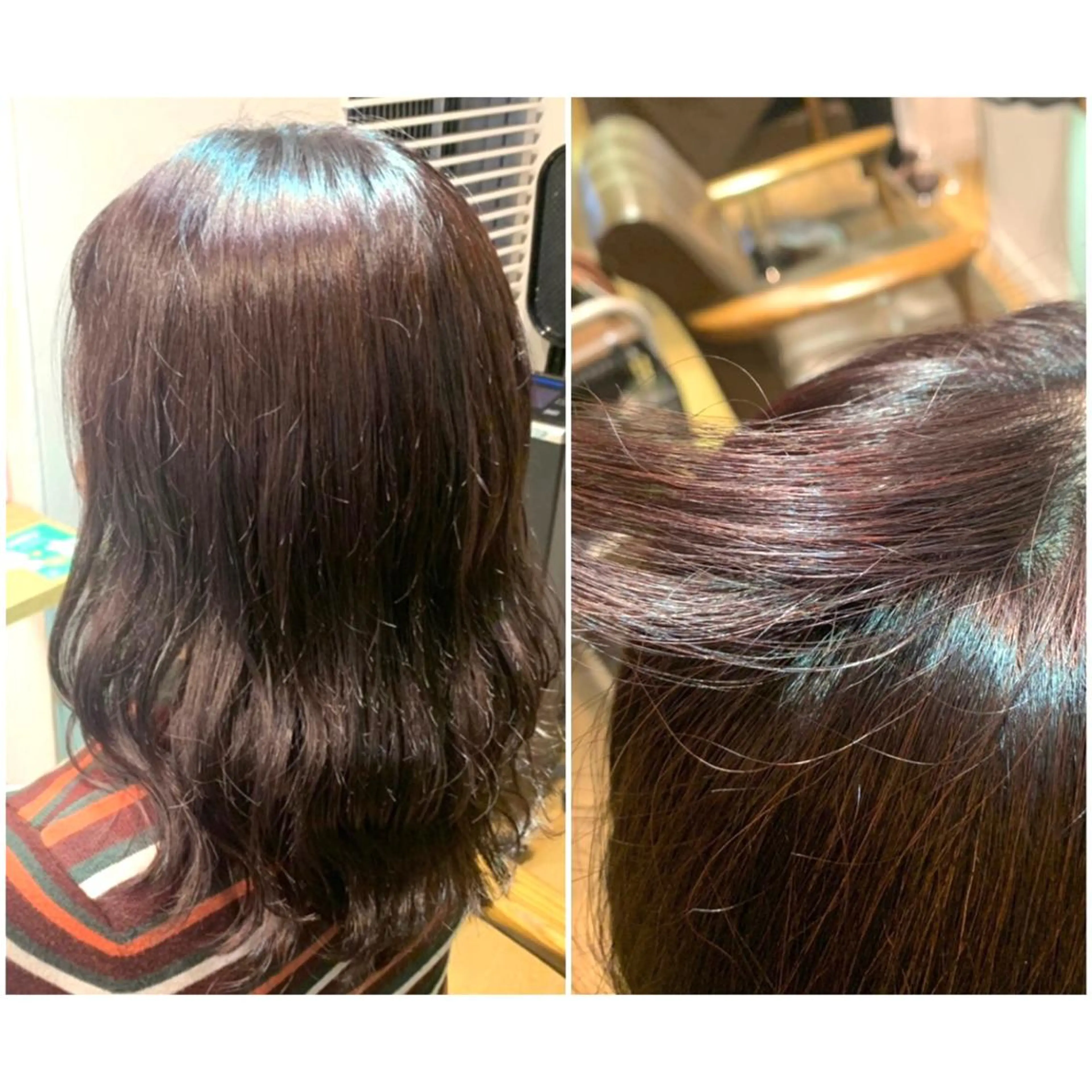 セミロング カラー 黒髪 パープルカラー ヘアカラー トリートメント ツキダテ ユイのヘアスタイル