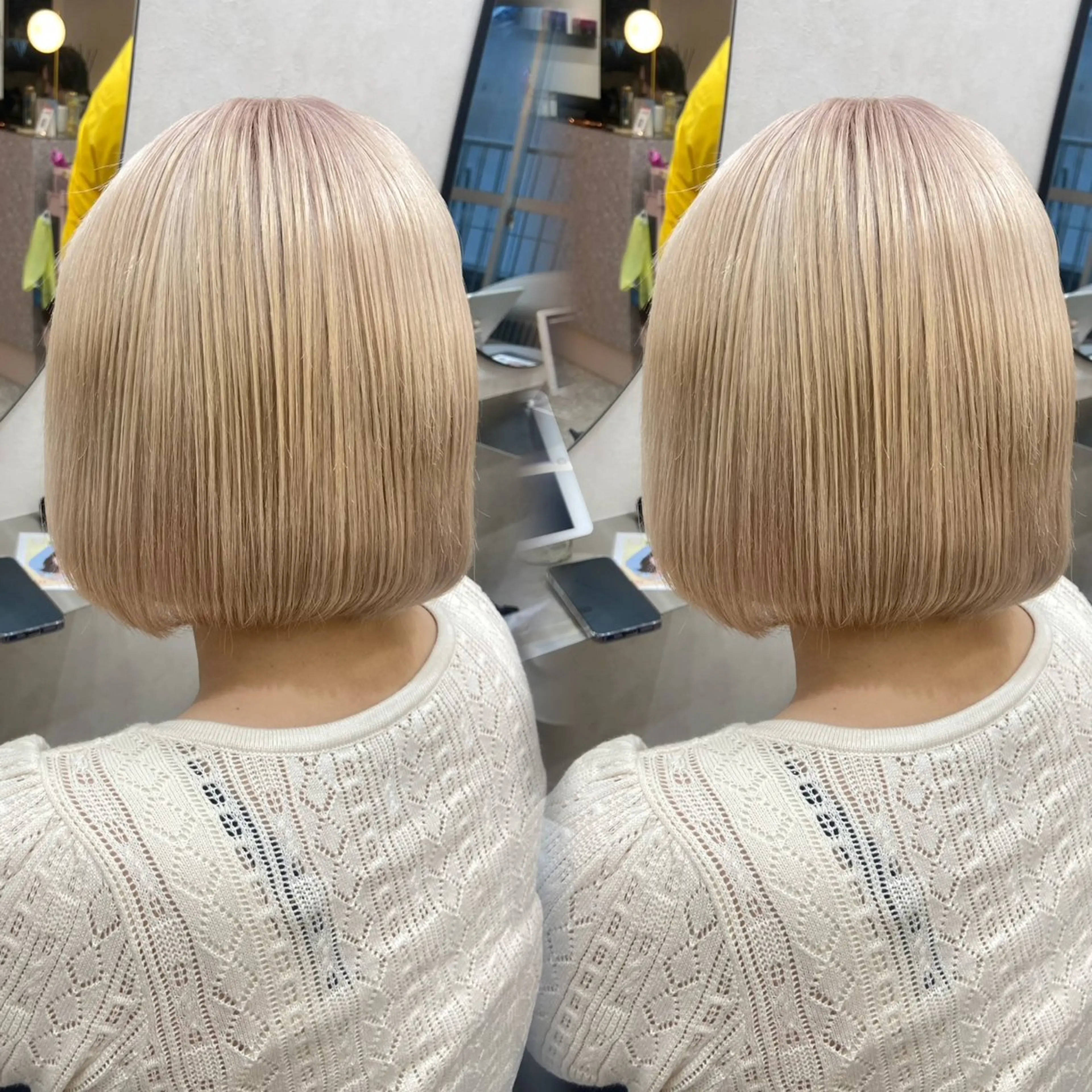 ミディアム カラー ブリーチ ブロンド ケアブリーチ ハイトーンカラー ボブ カット ヘアカラー トリートメント 新宿/韓国ヘア 中明度カラー/かやのヘアスタイル