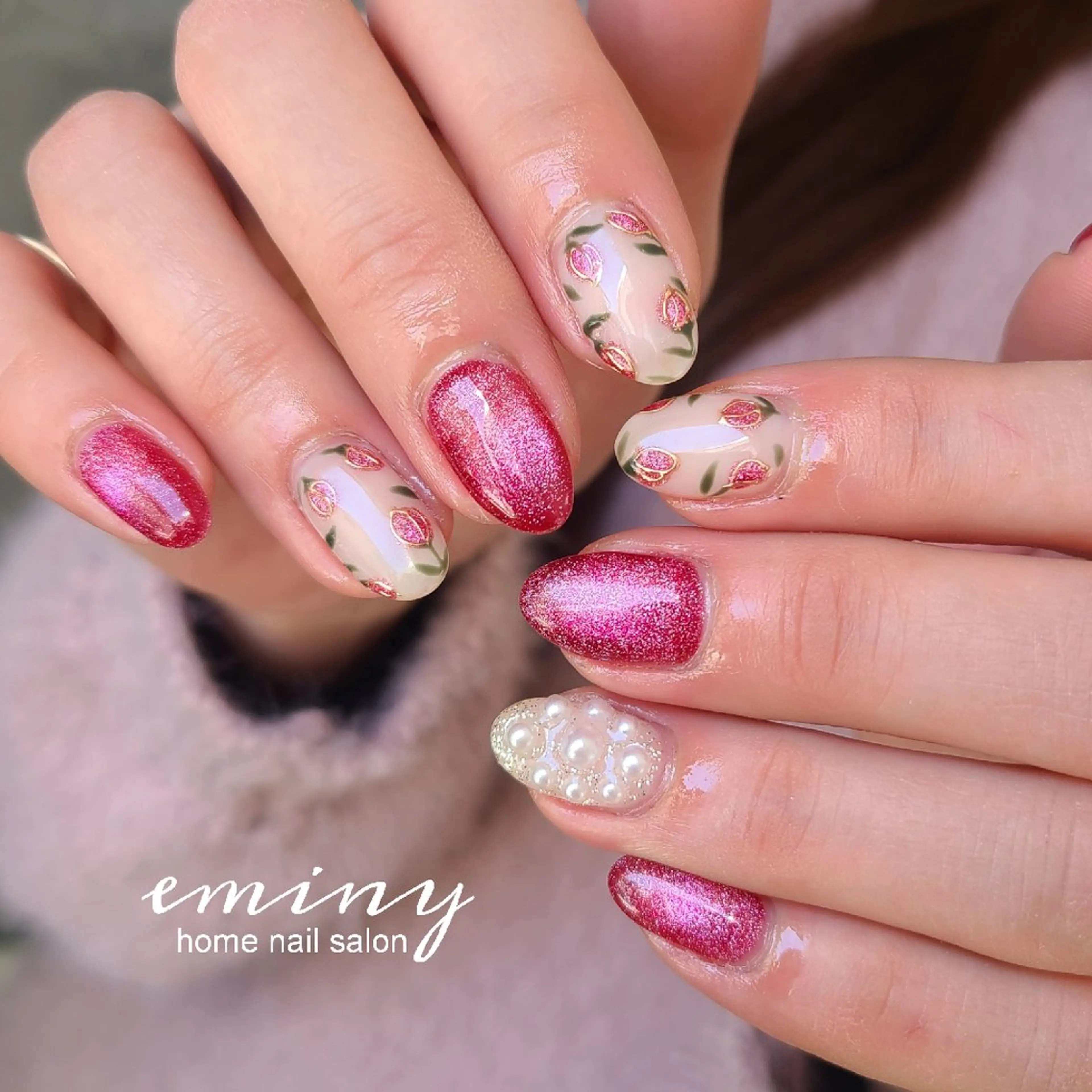 ネイル フラワーネイル ジェルネイル 韓国ネイル マグネットネイル ミラーネイル ハンドネイル nail salon  eminyのネイルデザイン