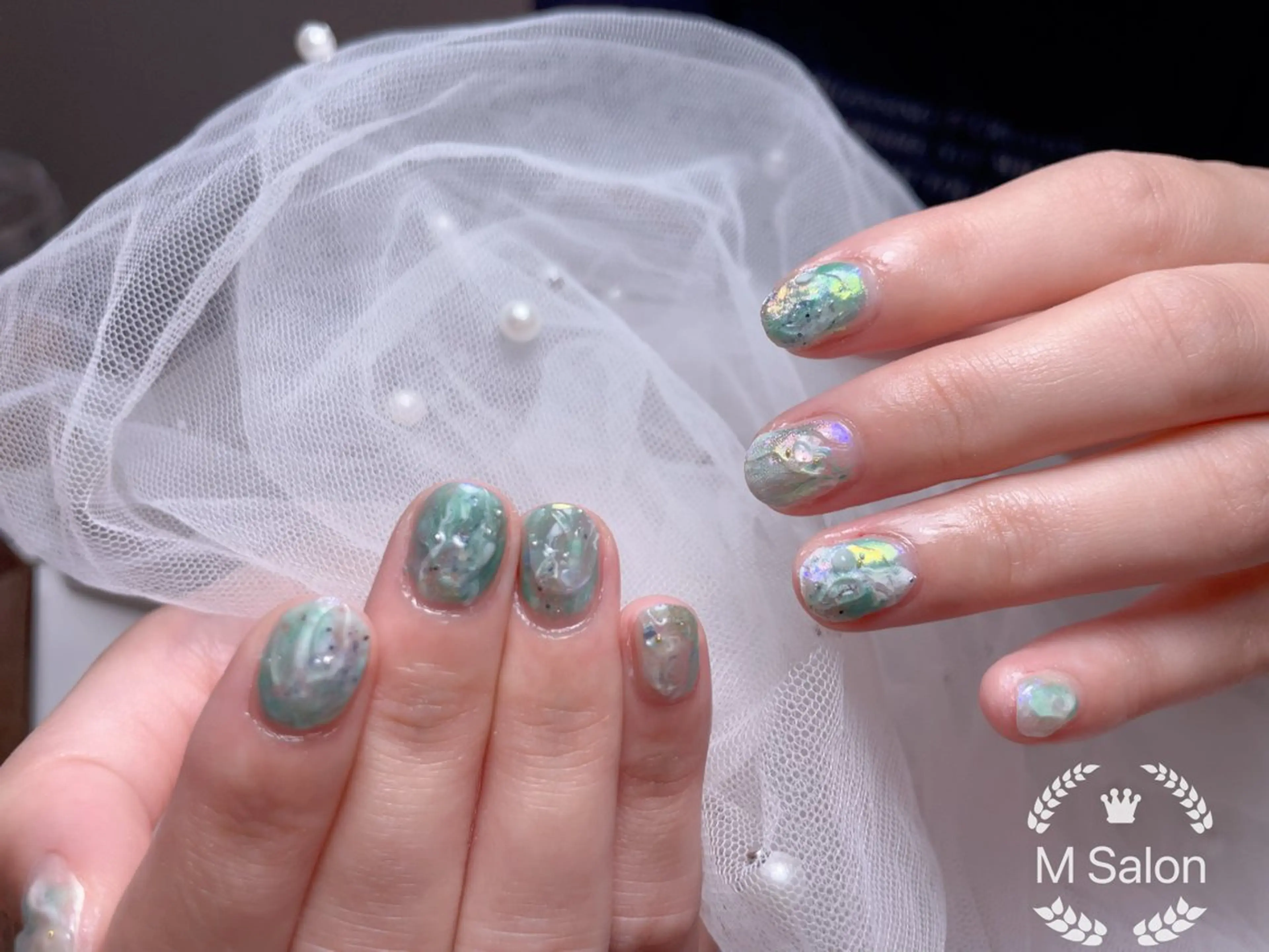 ネイル ブルー チークネイル フレンチネイル ガーリー ハート ハンドネイル Mnail _KKのネイルデザイン