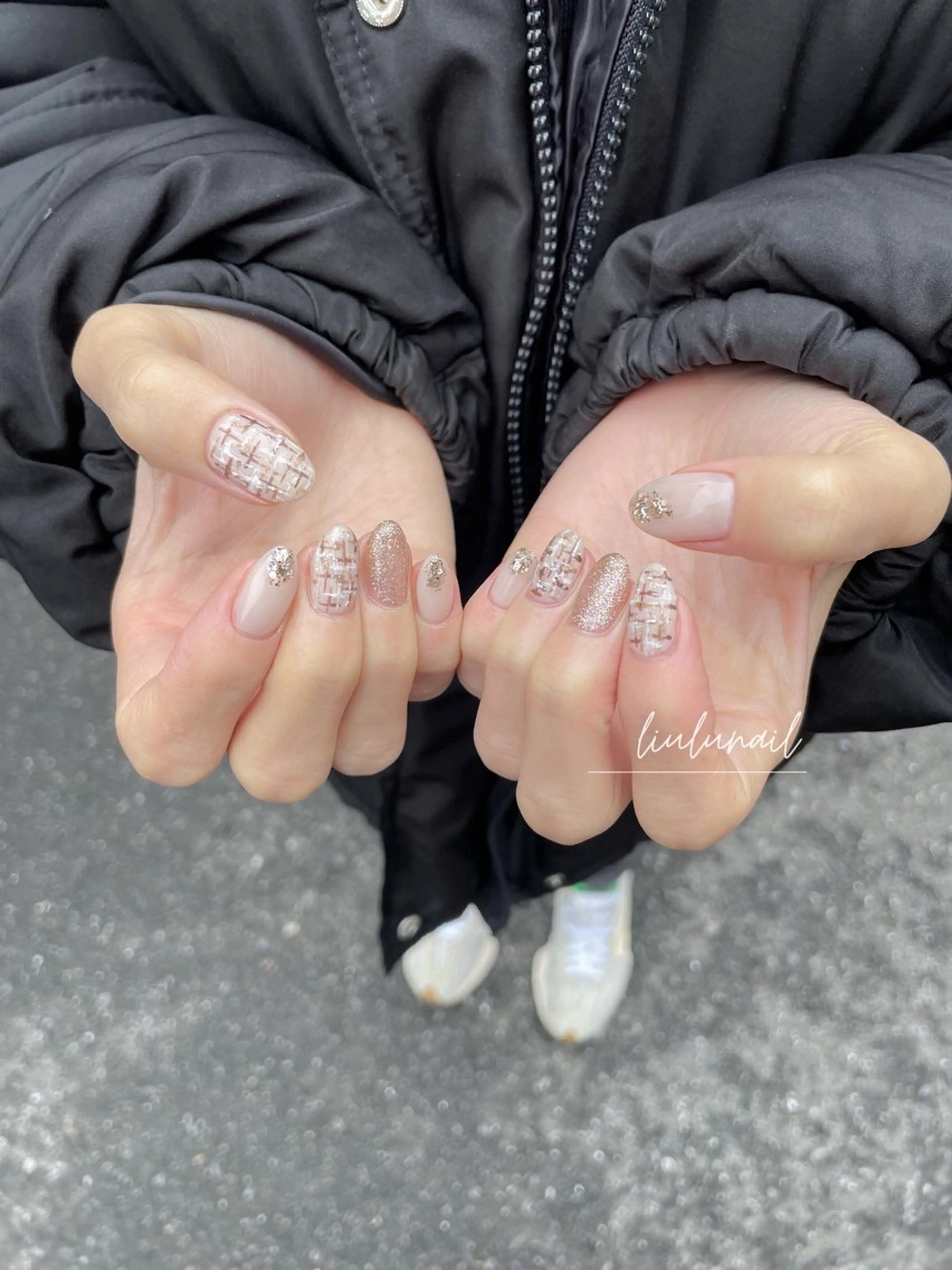 ネイル ブラウン ツイードネイル ハンドネイル liulu nailのネイルデザイン