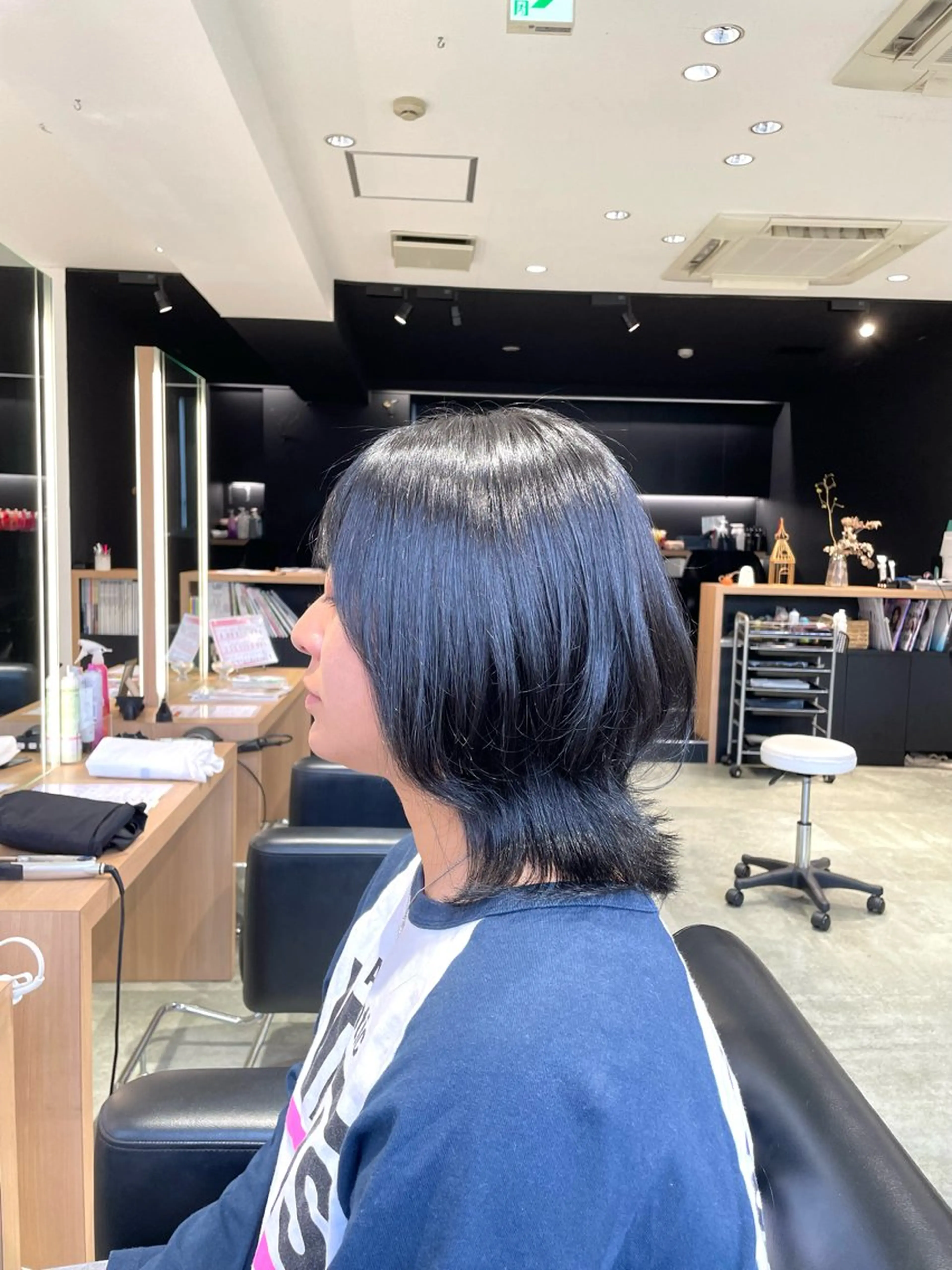 ミディアム カラー 黒髪 ブルーカラー ブルーブラック カット ヘアカラー 長町/酸性ストレート /曲がる縮毛矯正のヘアスタイル