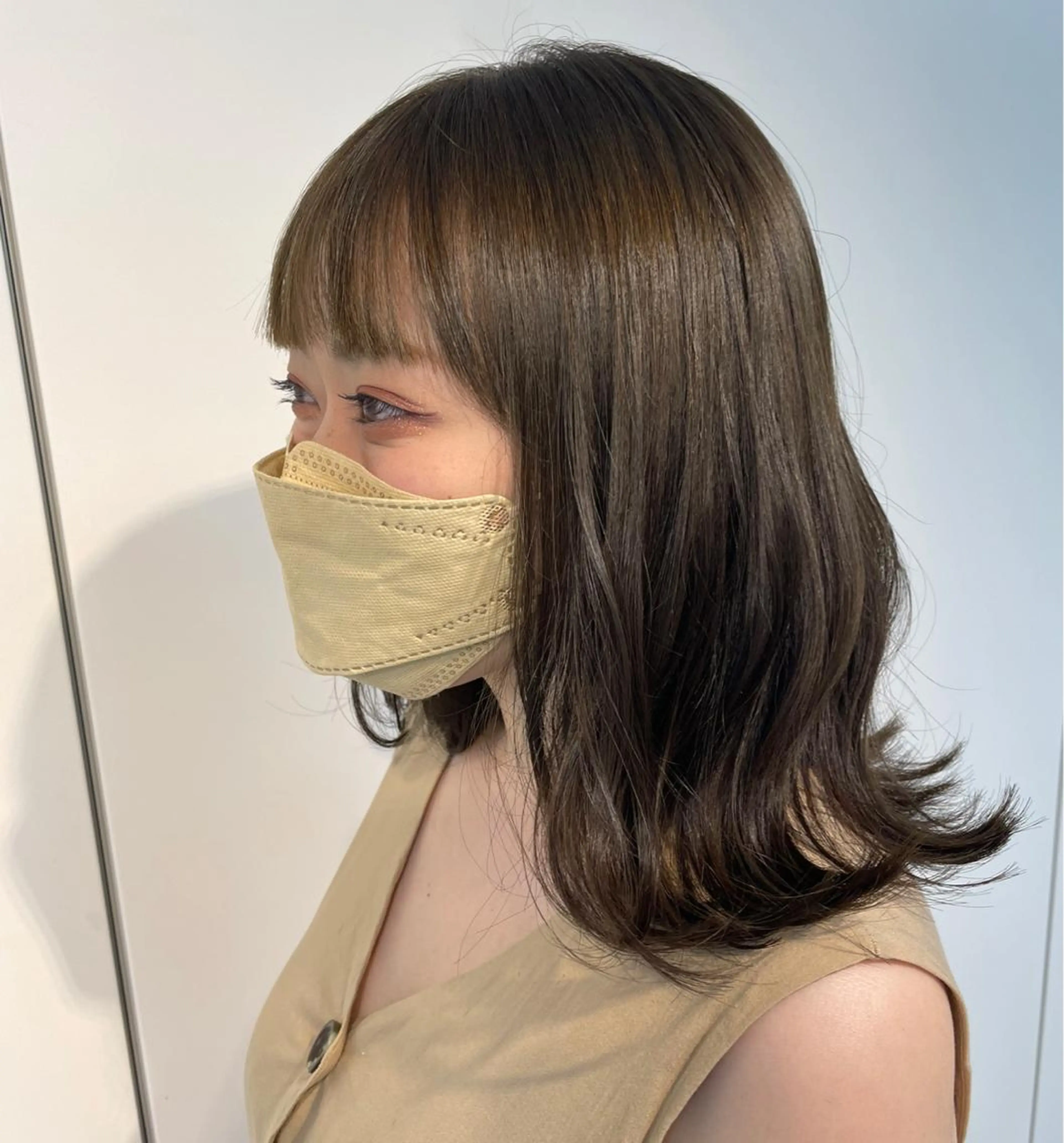 ミディアム カラー アッシュ オリーブアッシュ オリーブカラー オレンジ 顔周りカット 🍮中山詩乃🍮顔 まわりデザイン◎のヘアスタイル