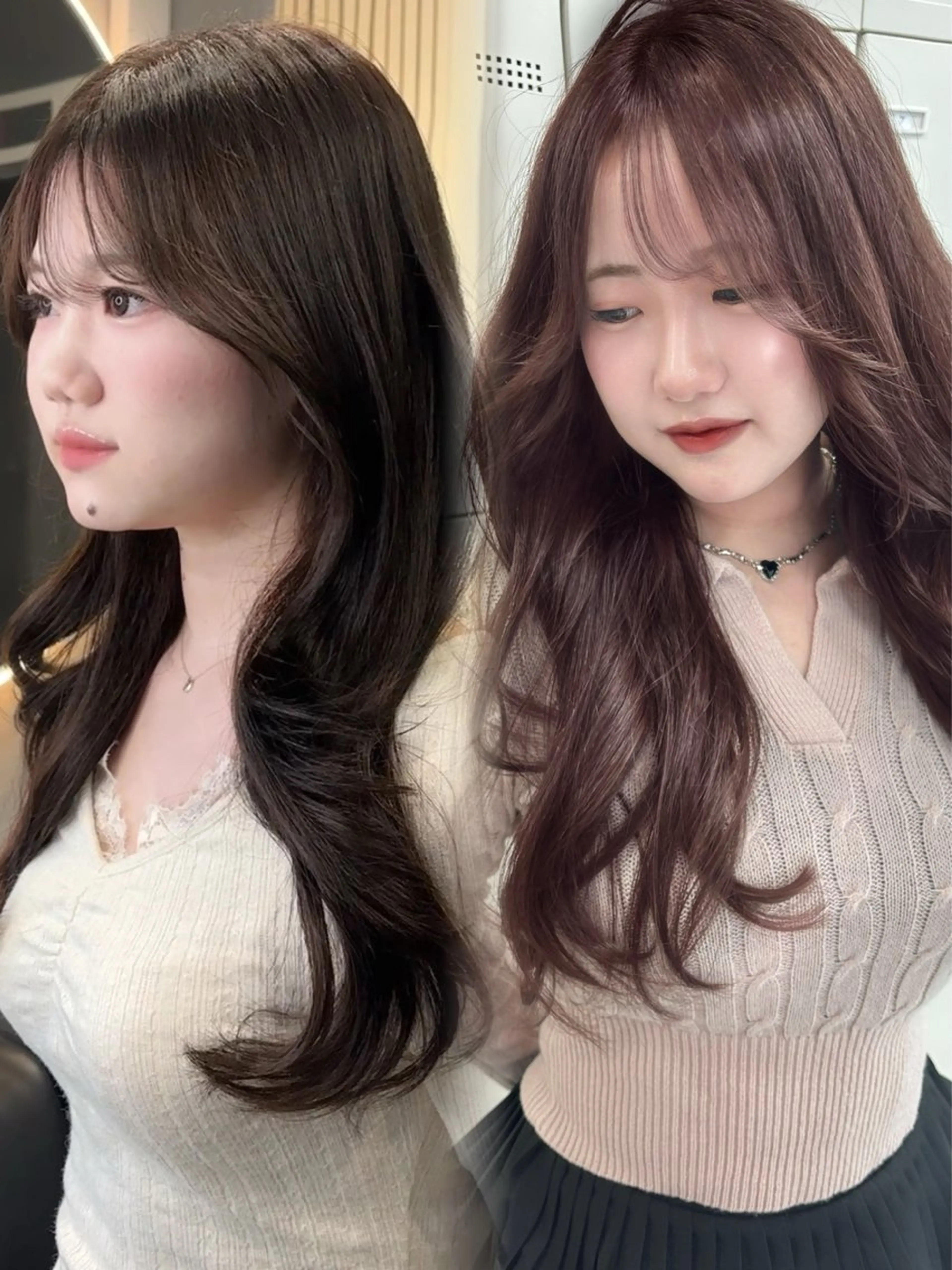 ロング カット ヘアカラー トリートメント 韓国ヘア/ブリーチ無 しWカラー/オリーブのヘアスタイル