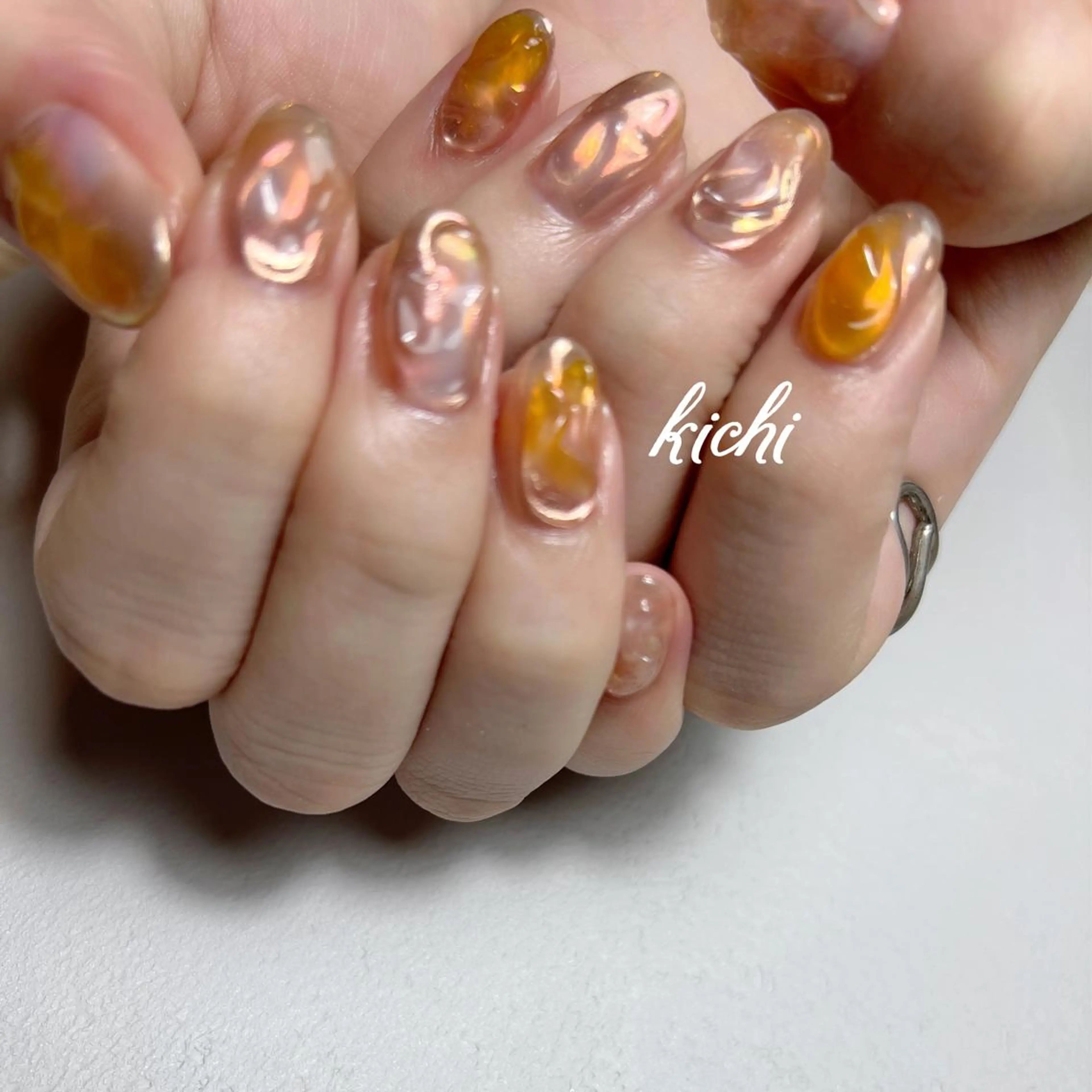 ネイル オーロラネイル ジェルネイル 持ち込み ニュアンスネイル オレンジ kichi･:* みじゅのネイルデザイン