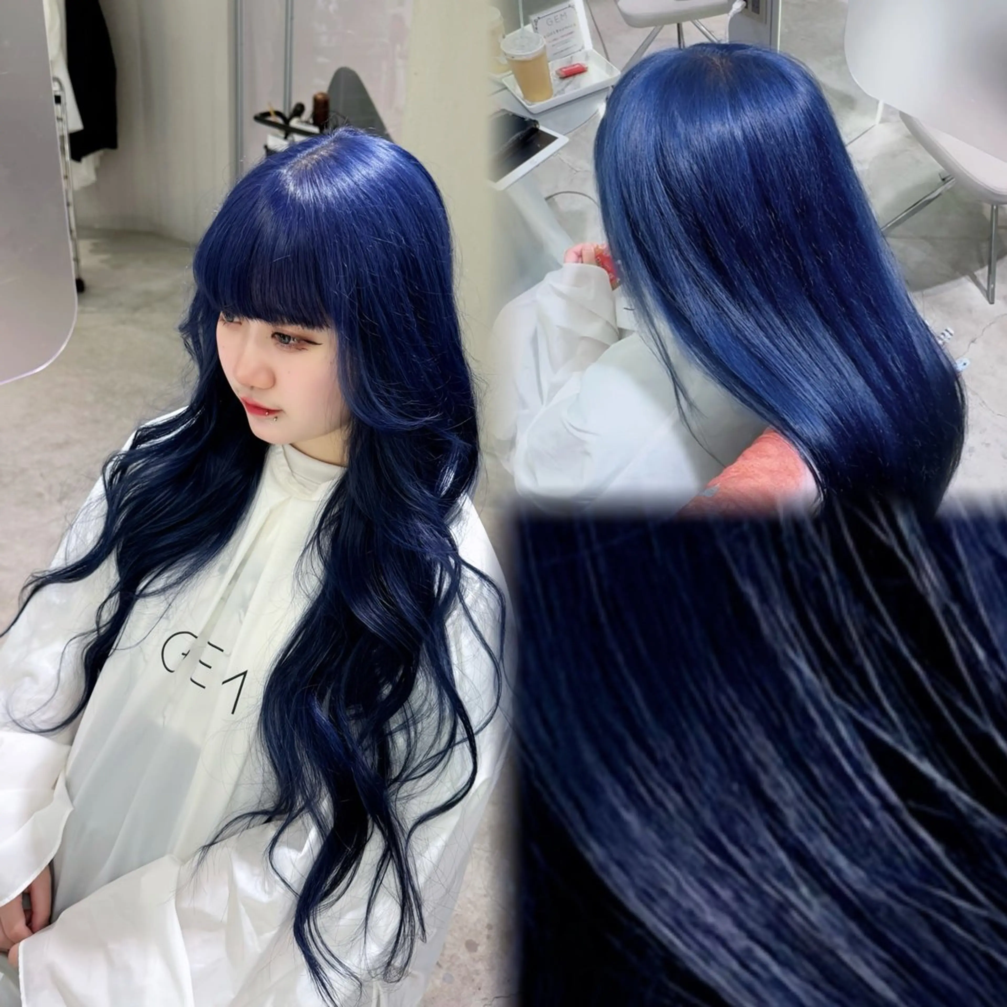 セミロング カラー ブリーチ ブルーカラー グレージュ ネイビーカラー シルバー ヘアカラー ria RIHO ダメージレス艶カラーのヘアスタイル