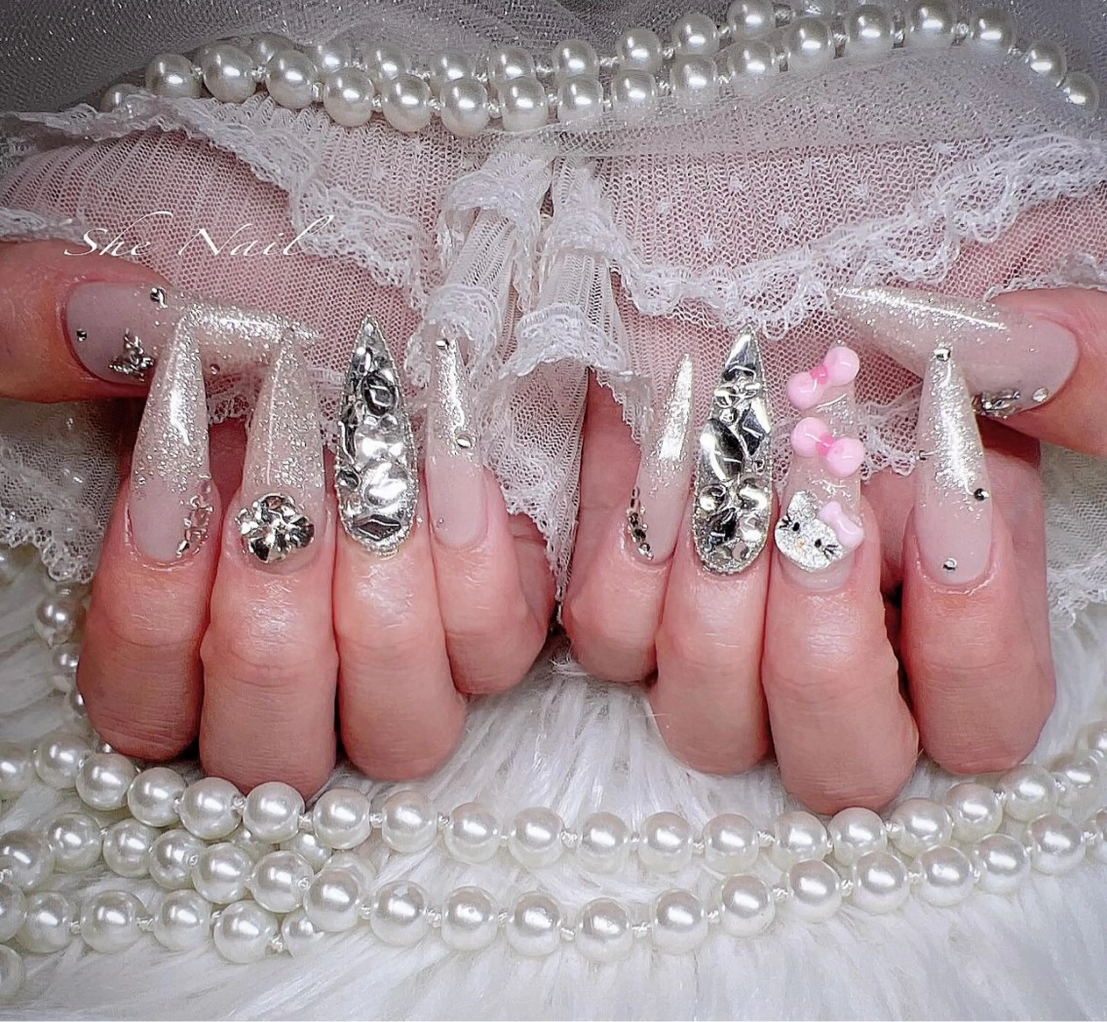 ネイル チークネイル 桜ネイル 長さ出し フレンチネイル ガラスフレンチ ハンドネイル She Nail所属・ISA_ BELLAのネイルデザイン