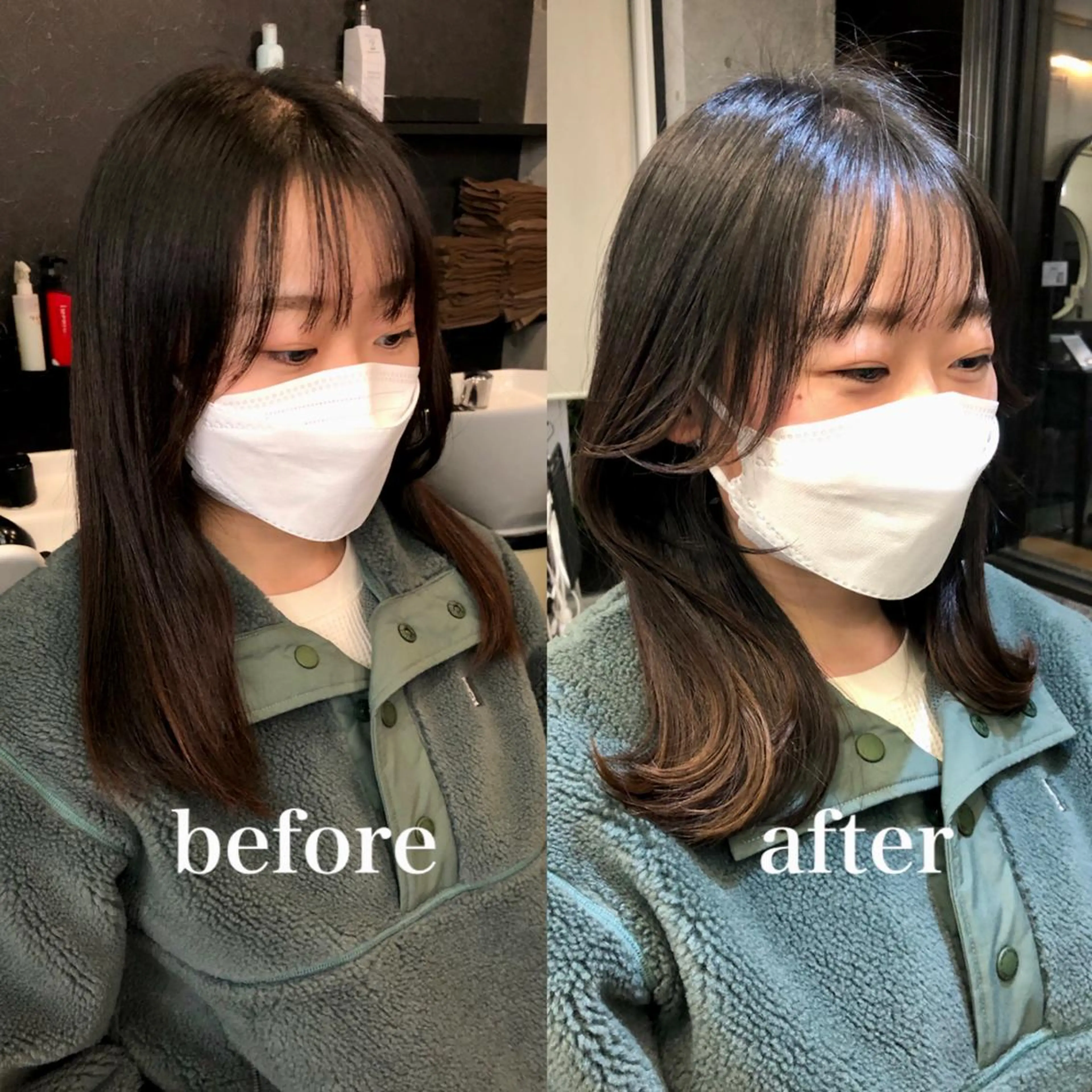 セミロング 顔周りカット 韓国風ヘア トレンドヘア🌿 森  一愛のヘアスタイル
