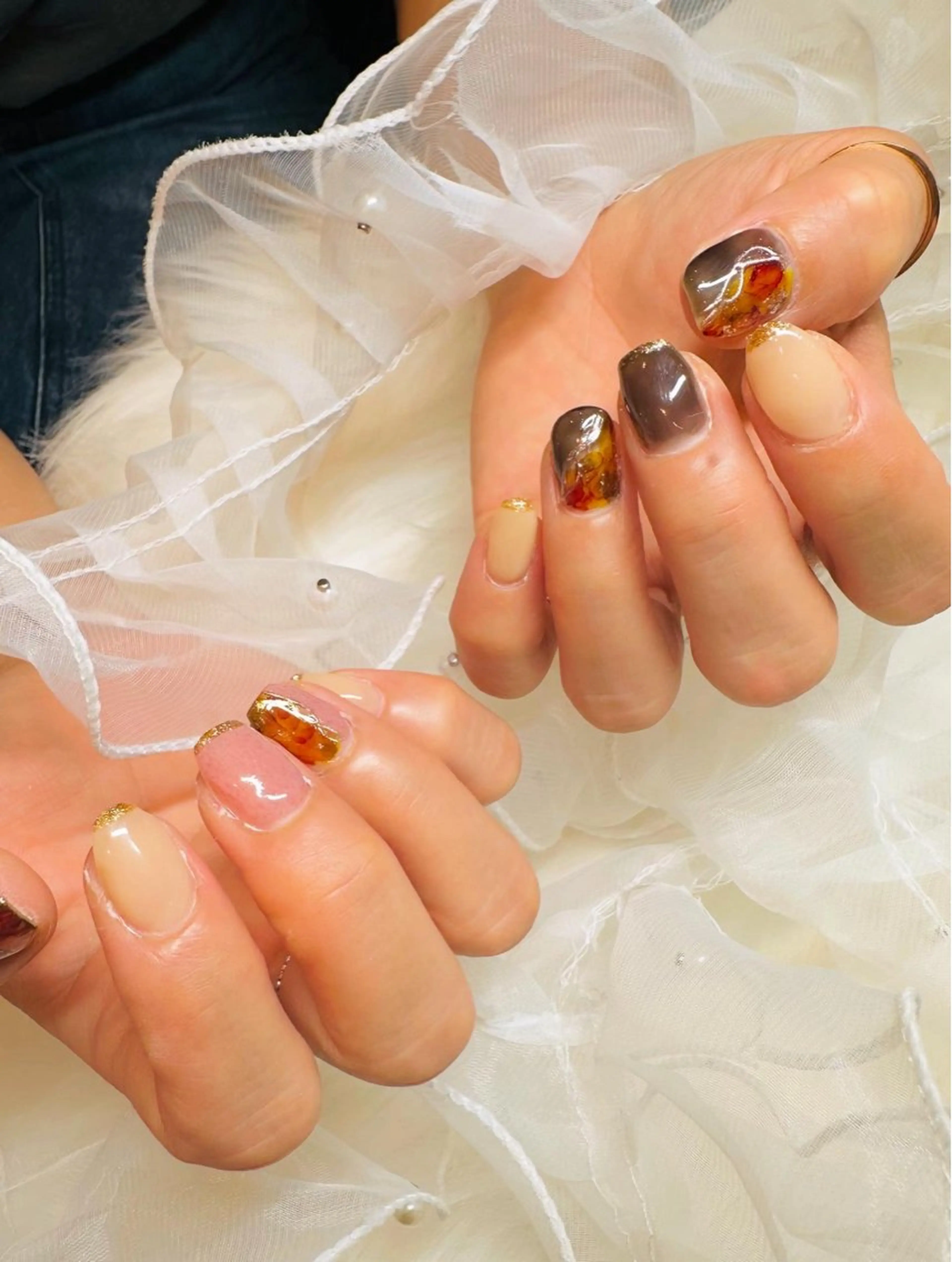 ネイル アートネイル べっ甲ネイル ピンク ハンドネイル ネイルサロンエレノア所属・田端 笑理菜のネイルデザイン