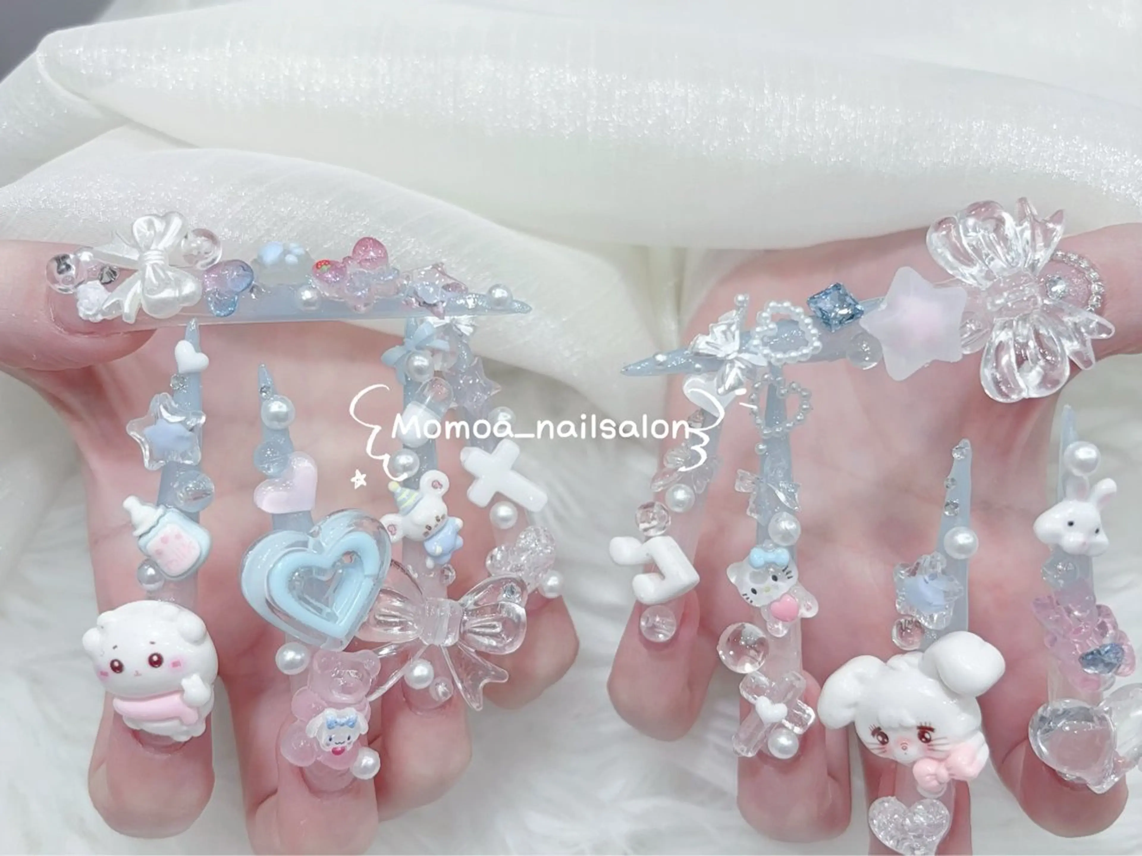 ネイル 成人式 大理石ネイル(マーブル) 持ち込み リボン 夏ネイル ハンドネイル MoMoA Nail ネイル長さ出し専門店のネイルデザイン