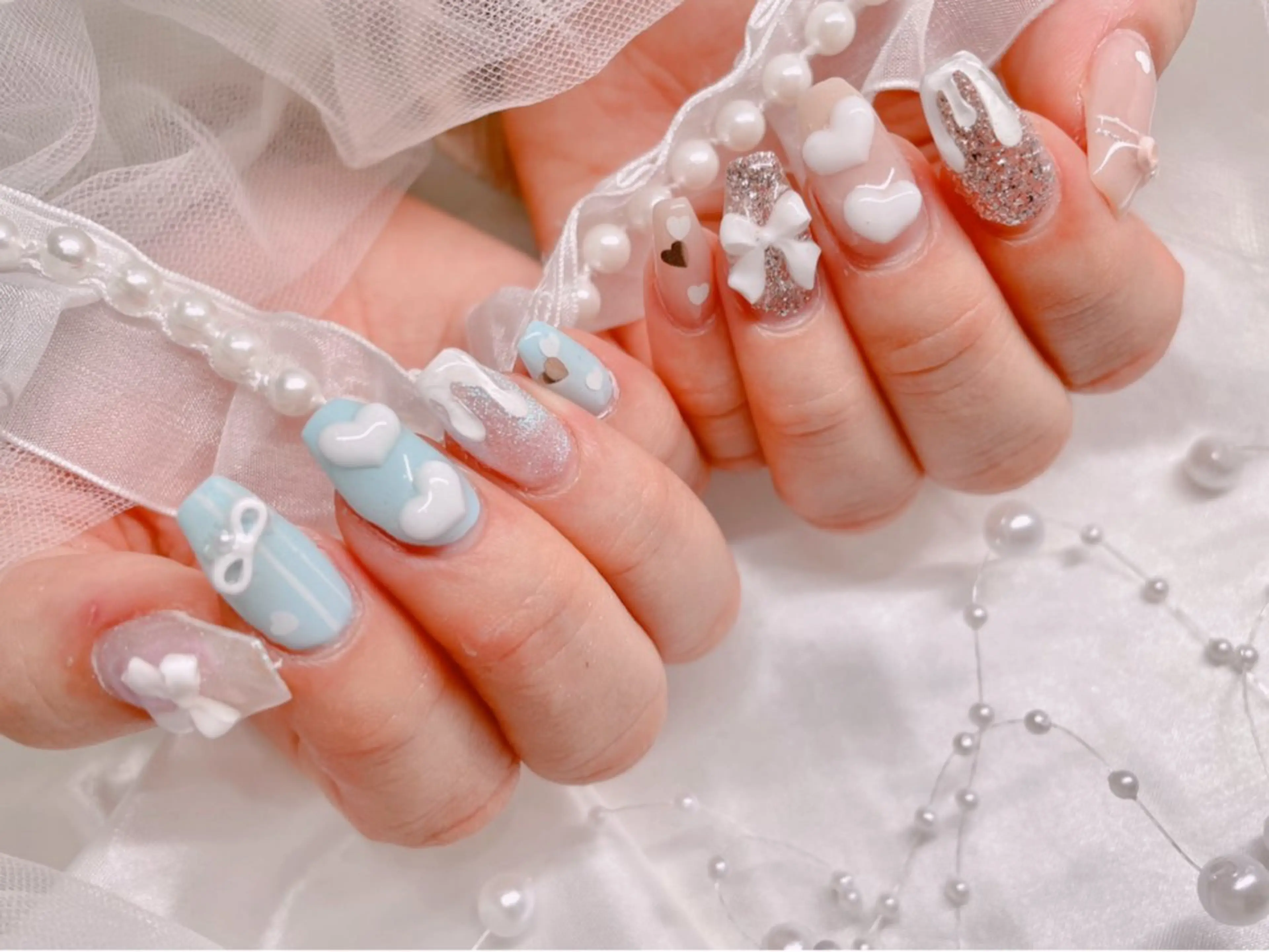 ネイル ハート リボン ハンドネイル ゆりか ジョアアンジェ福島のネイルデザイン