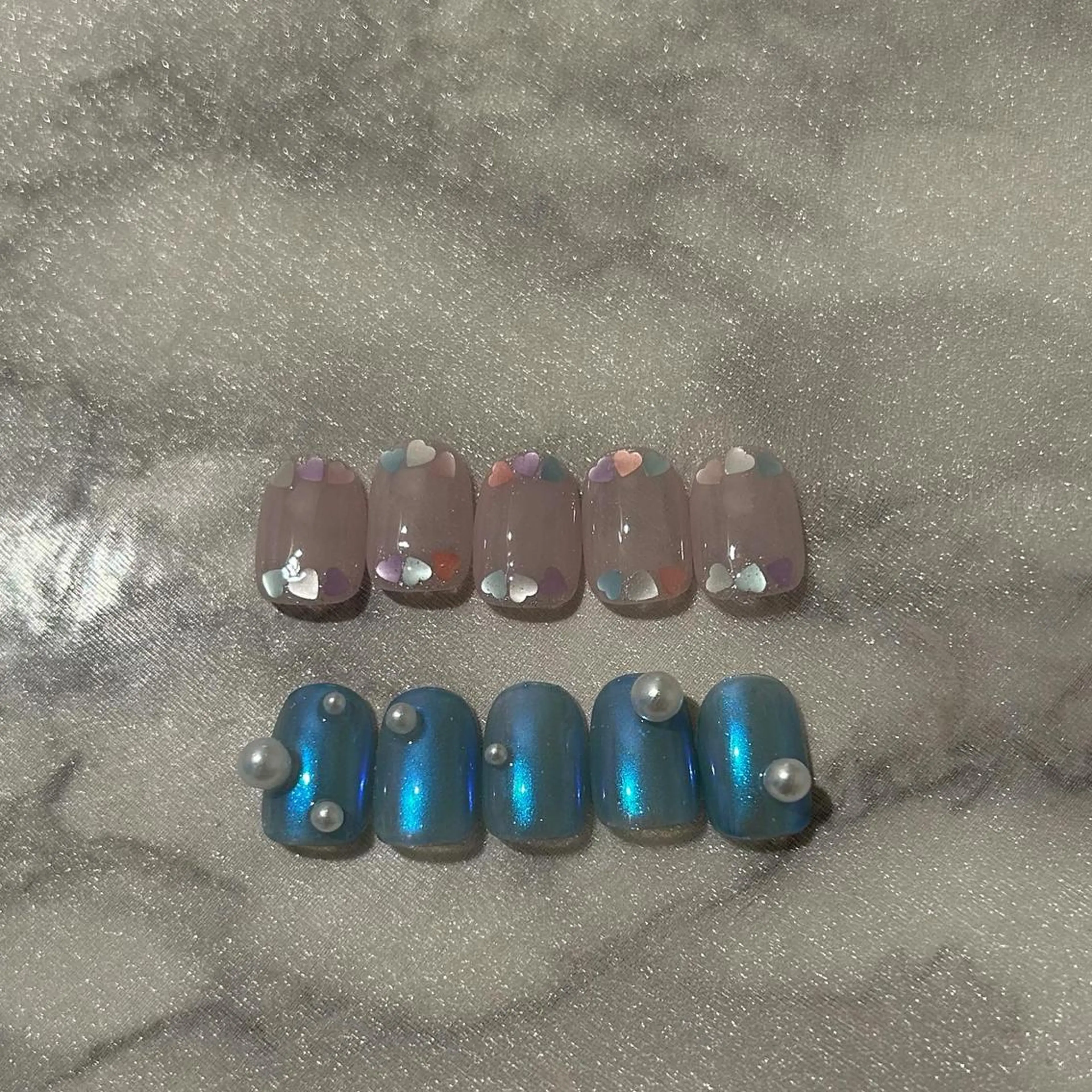 ネイル オーロラネイル ブルー フレンチネイル ガーリー ハート ハンドネイル ハンドケア lyly.nail所属・lylynail YUUKAのネイルデザイン