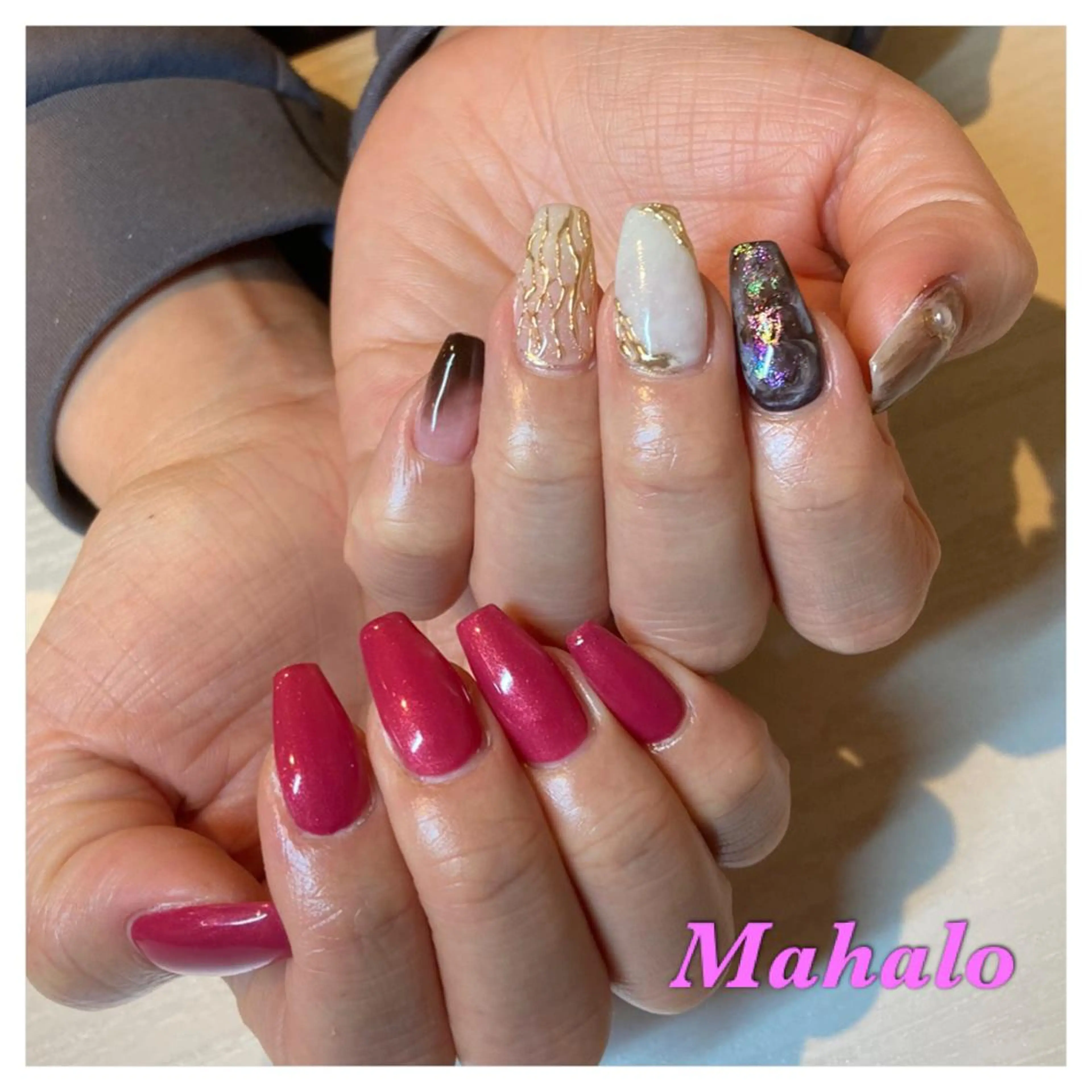 ネイル ブラウン ゴールド ラメ(グリッター) ミラーネイル ニュアンスネイル Nail Salon Mahaloのネイルデザイン