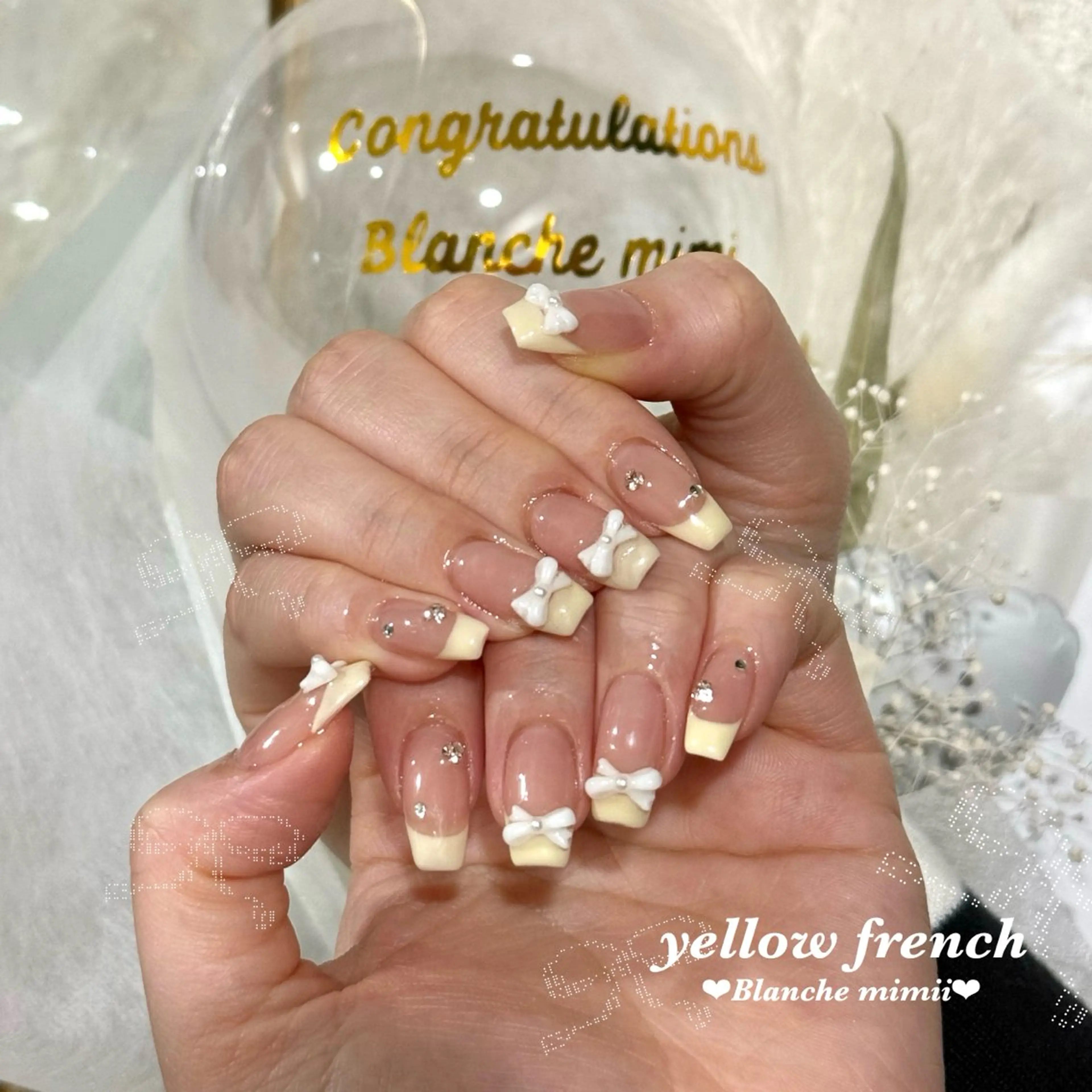ネイル フレンチネイル ガーリー リボン ワンホンネイル ハンドネイル Blanche　mimii所属・Blanche Ayaのネイルデザイン