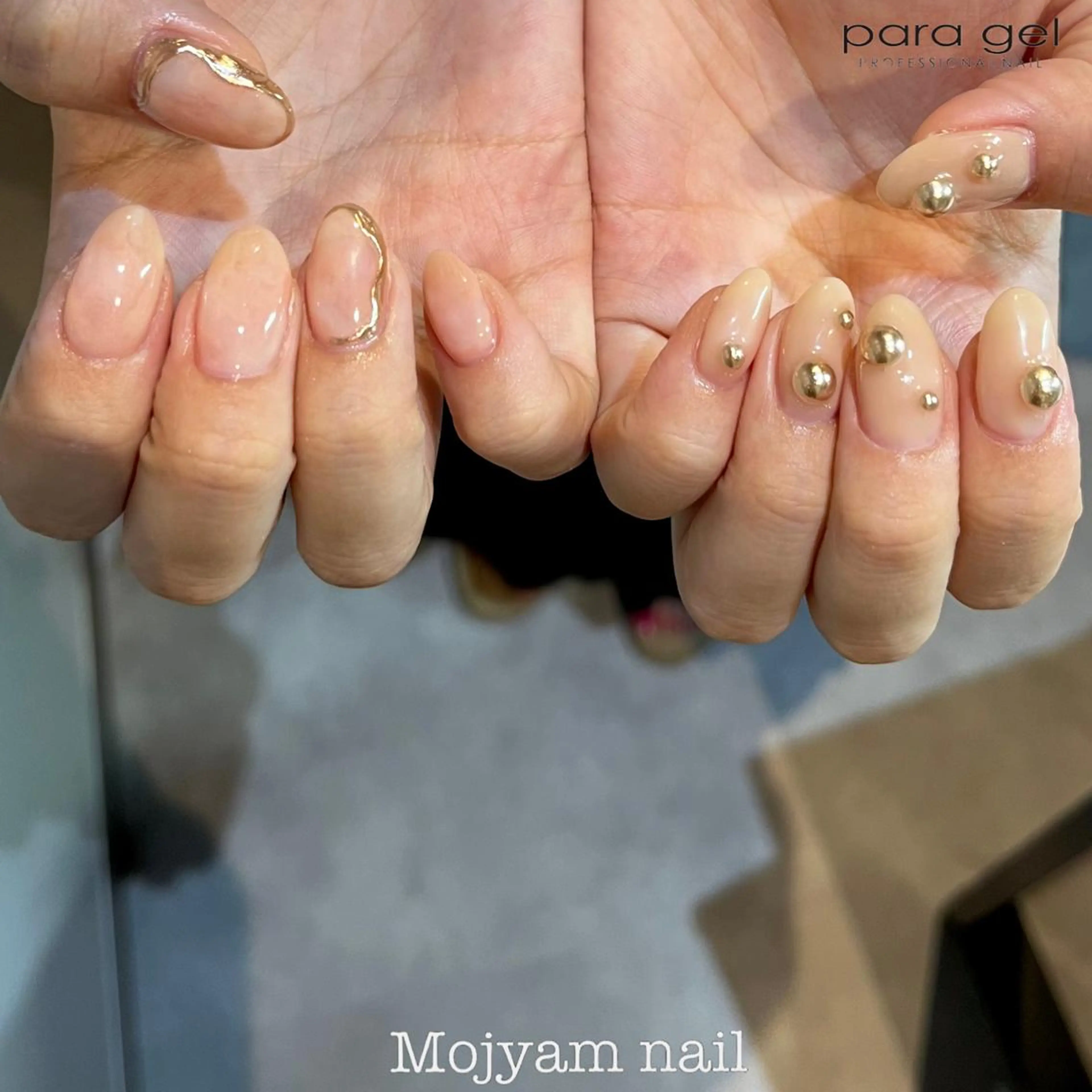 ネイル ゴールド ミラーネイル ニュアンスネイル ピンク ピンクベージュ ハンドネイル Mojyam nail所属・松本 実咲のネイルデザイン