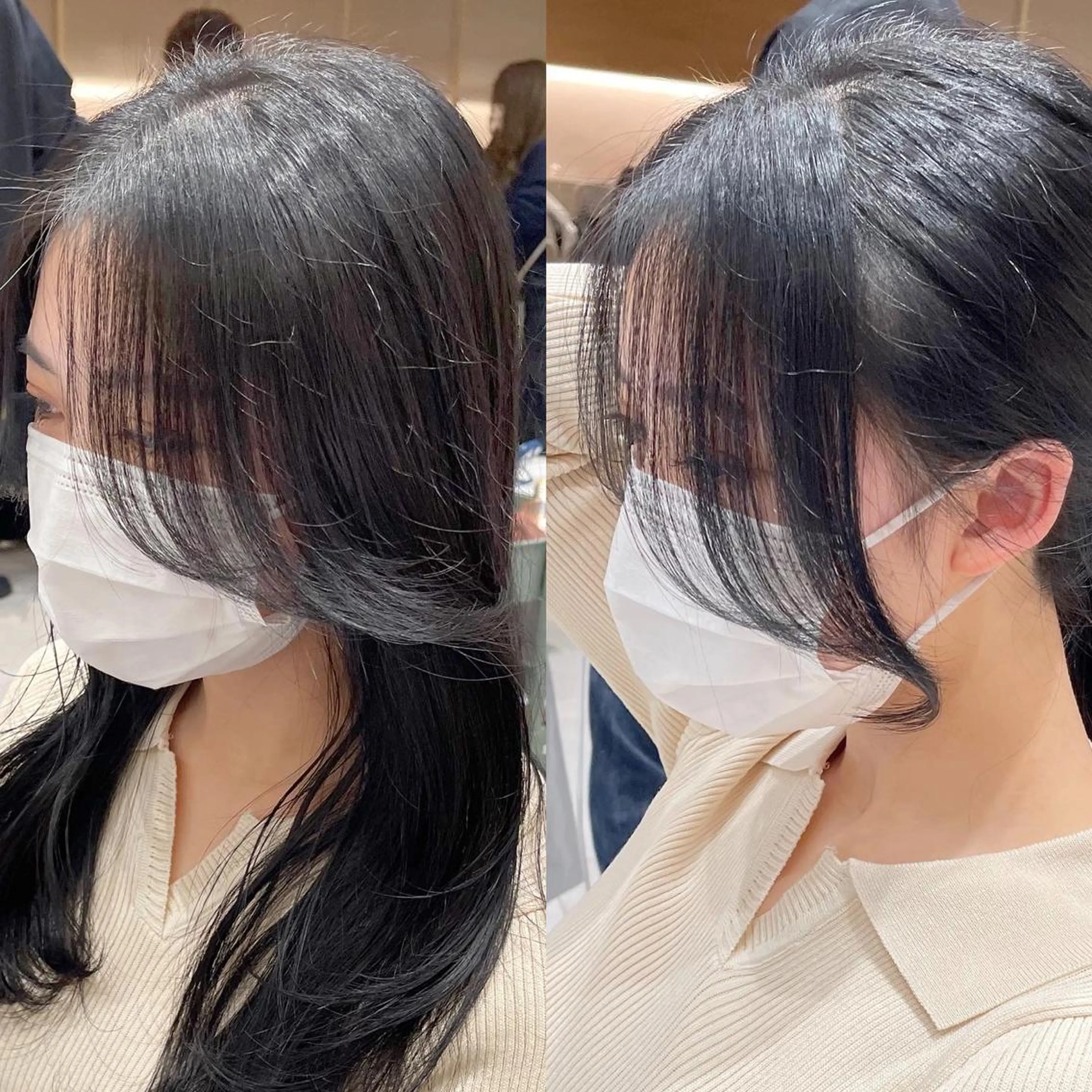 セミロング くびれヘア エギョモリ 顔まわりレイヤー 顔周りカット かきあげバング ボブパーマ ウルフパーマのヘアスタイル