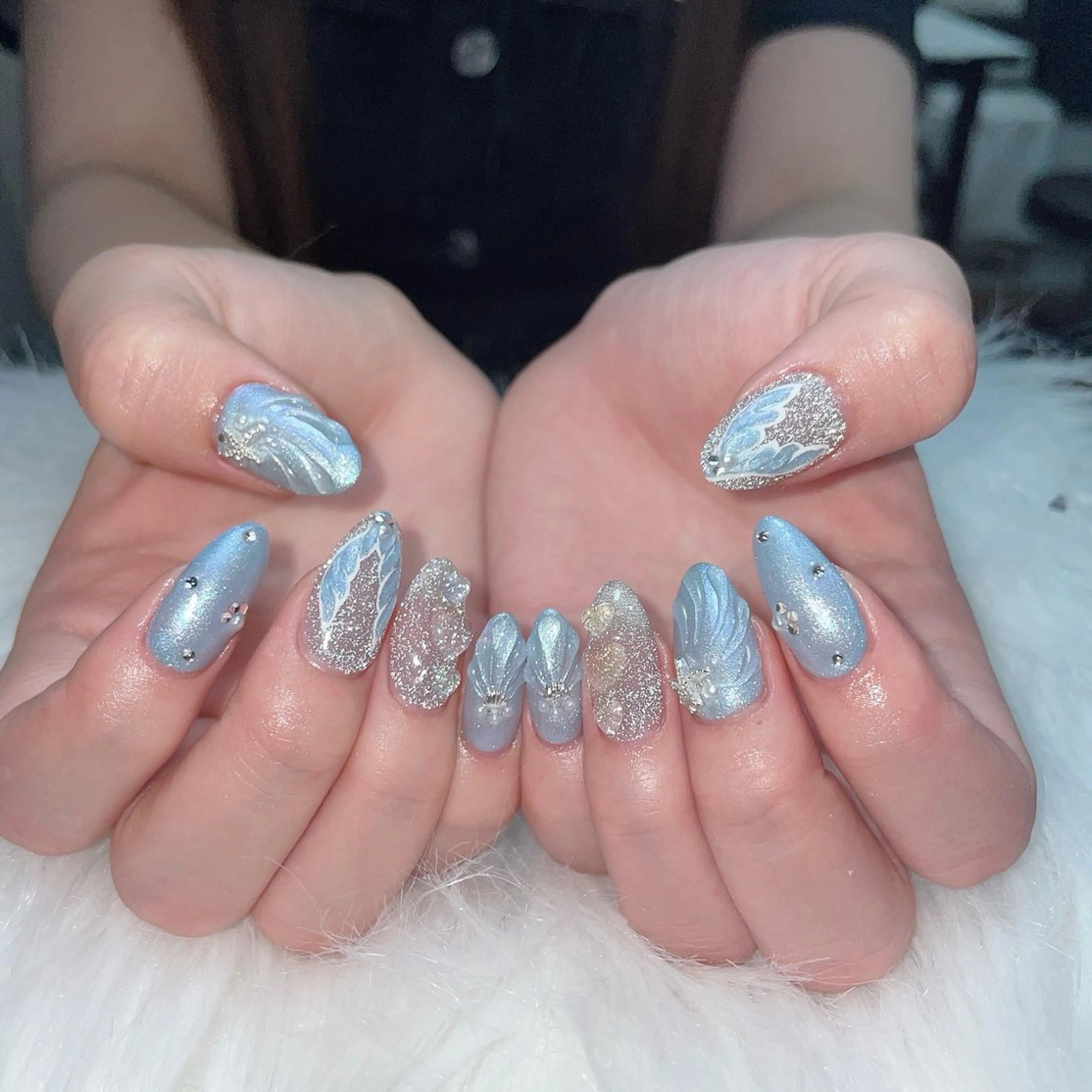 ネイル クリアネイル フラッシュネイル 韓国ネイル 水色 夏ネイル ハンドネイル ネイルプリンセス所属・princess 木戸　唯のネイルデザイン