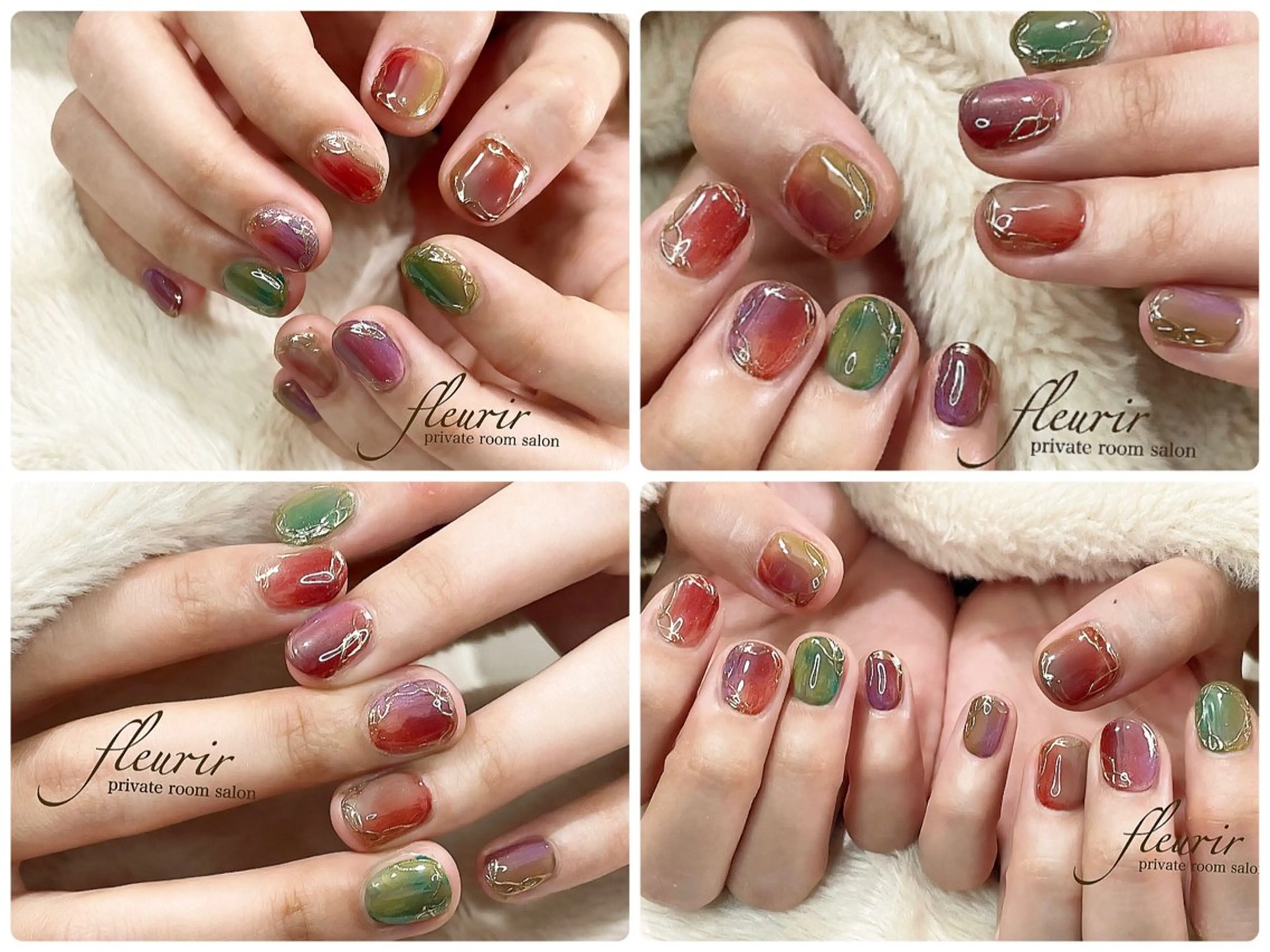 ネイル アートネイル ブラウン ゴールド グリーン ミラーネイル ハンドネイル フルリール 【プライベートサロンのネイルデザイン
