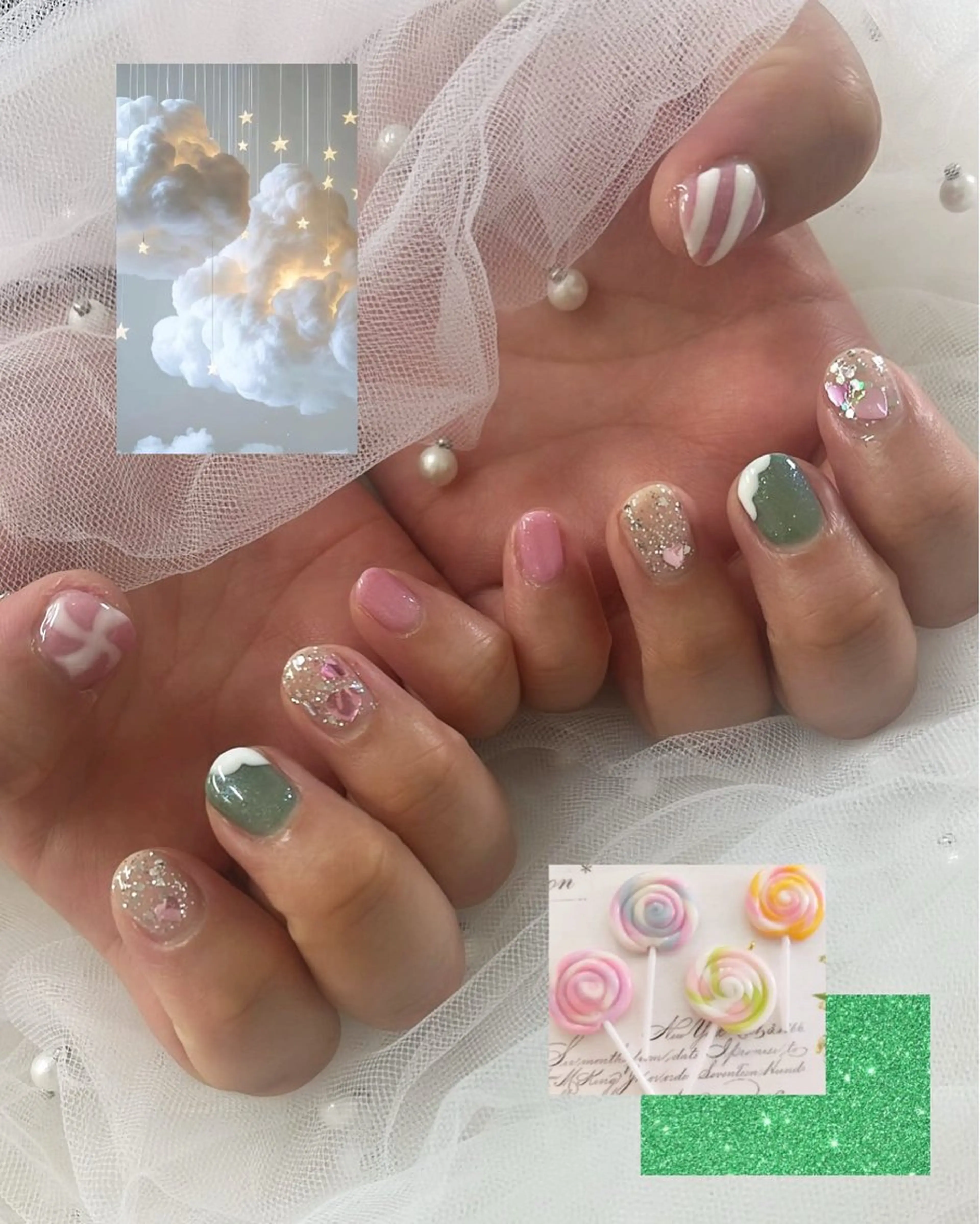 ネイル グリーン ピンク ハンドネイル OPPEN PLAZA ALLURING所属・山谷 愛生のネイルデザイン