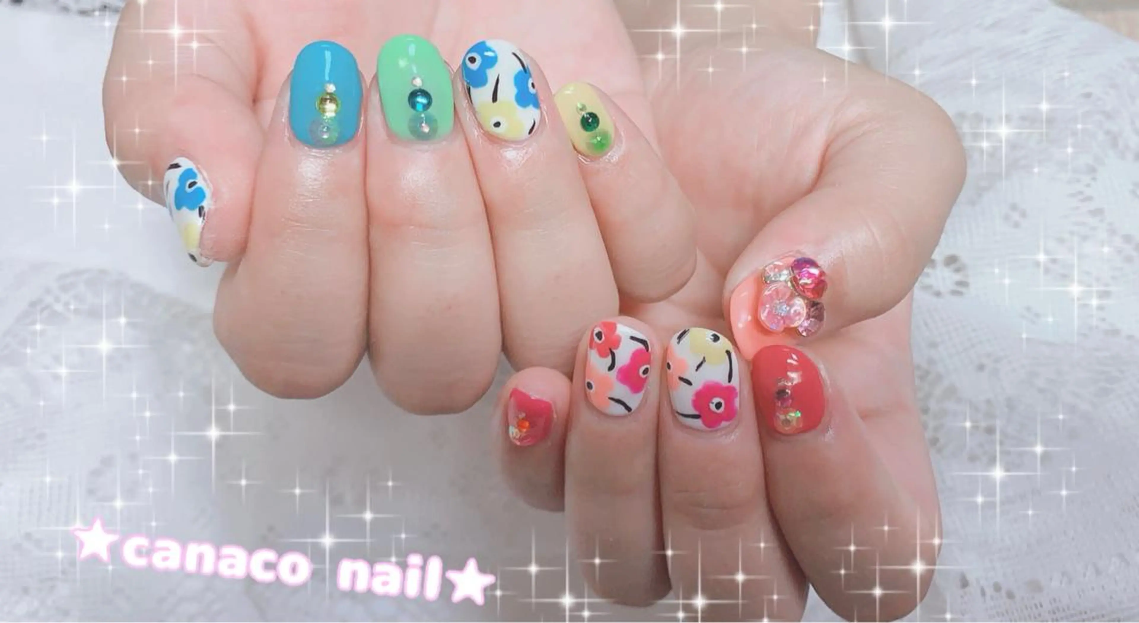 ネイル アートネイル ジェルネイル パラジェル ストーンネイル 夏ネイル ハンドネイル ハンドケア Felice所属・ベテランネイル cnc nailのネイルデザイン