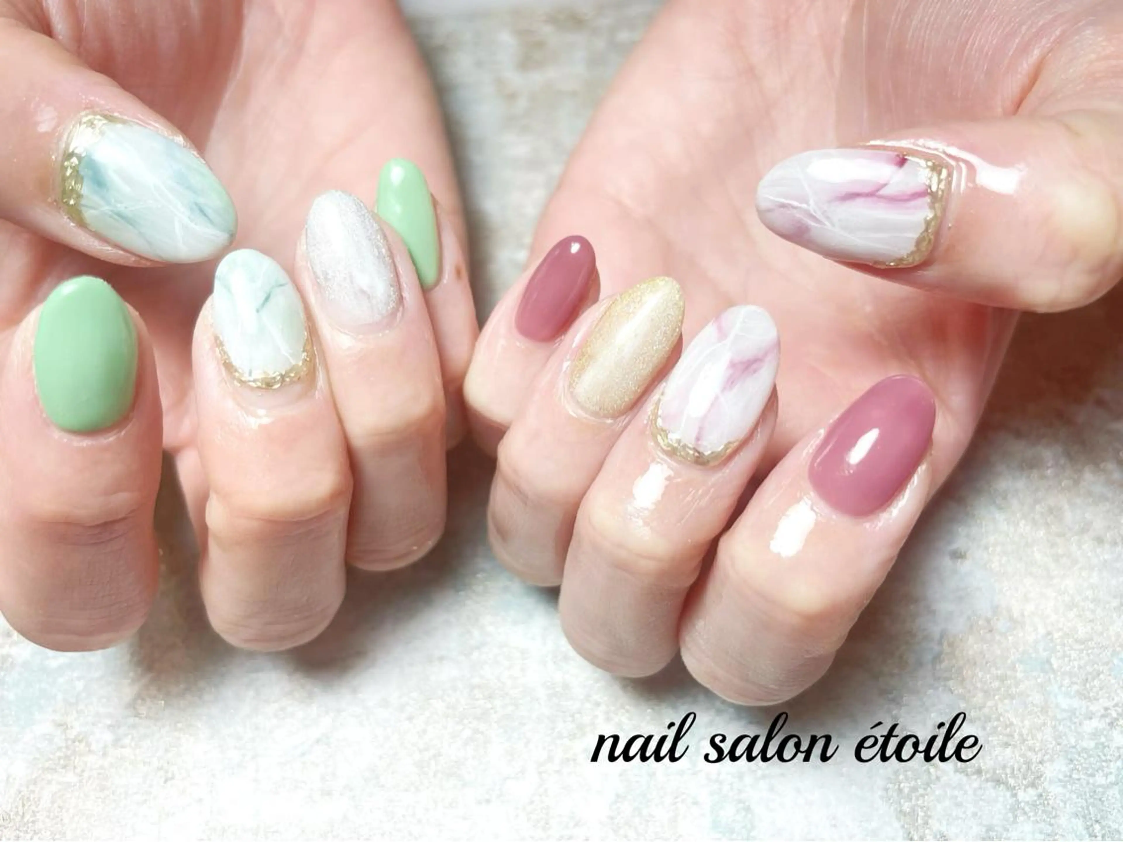 ネイル アートネイル ジェルネイル グリーン 大理石ネイル(マーブル) ニュアンスネイル ハンドネイル nail salon étoileのネイルデザイン