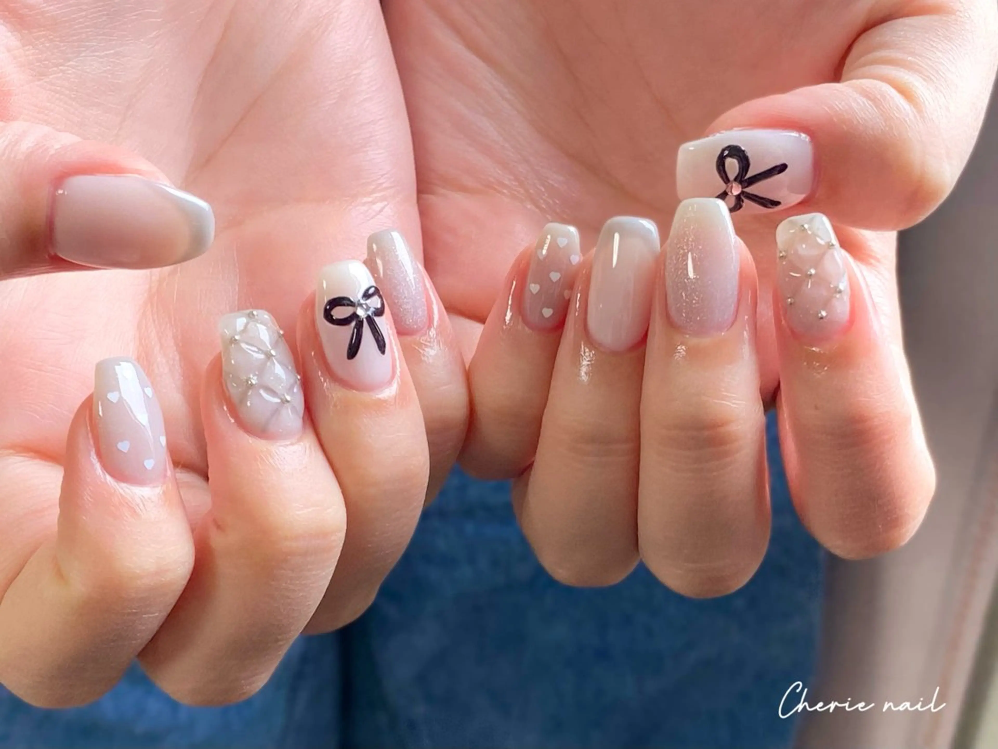 ネイル ジェルネイル ハート 韓国ネイル マグネットネイル リボン ハンドネイル Cherienail yunaのネイルデザイン