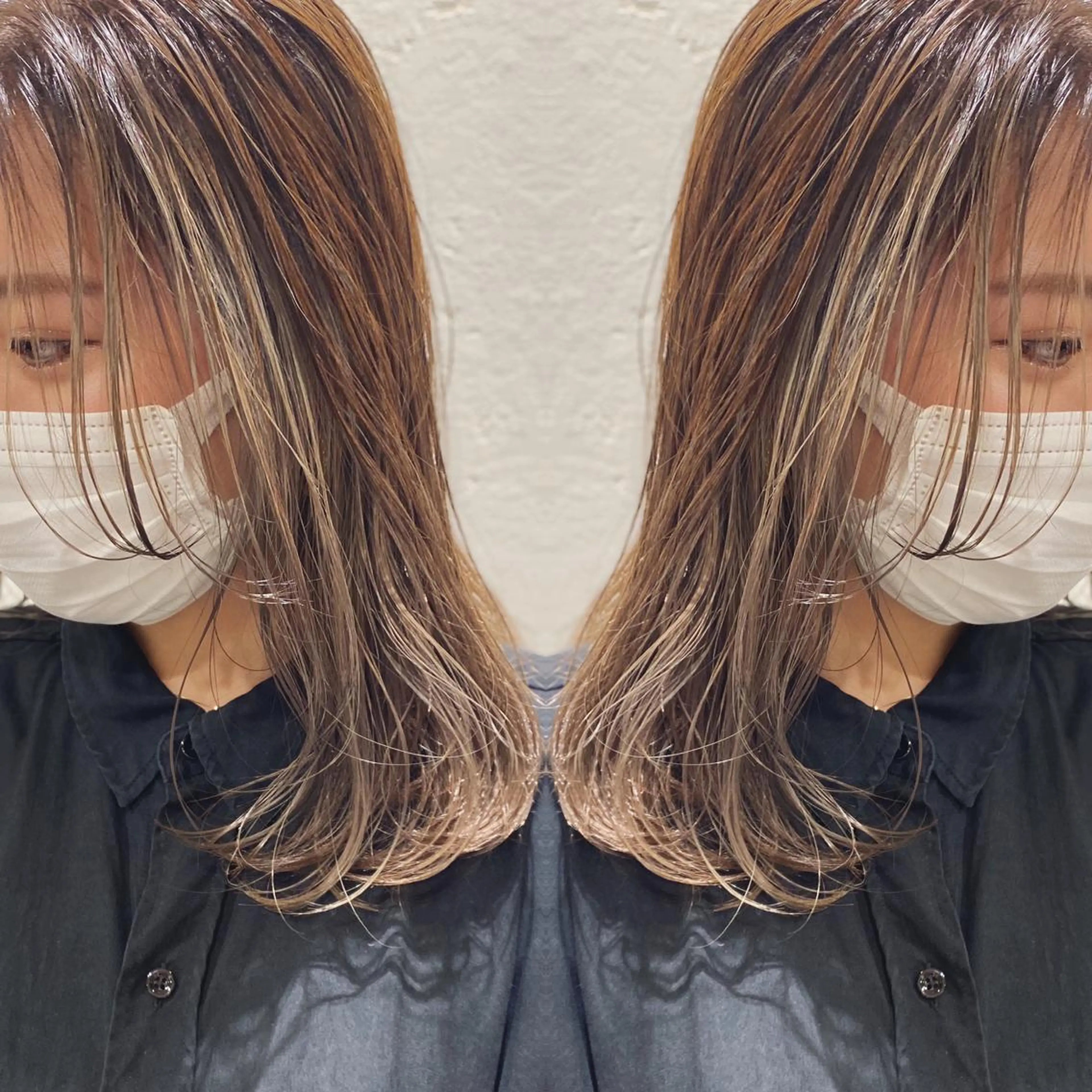 ミディアム カラー ヘアアレンジ ミストバング  フェイスフレーミング ハイライトカラー 顔周りカット ハイライト 竹内啓太 ボブのヘアスタイル